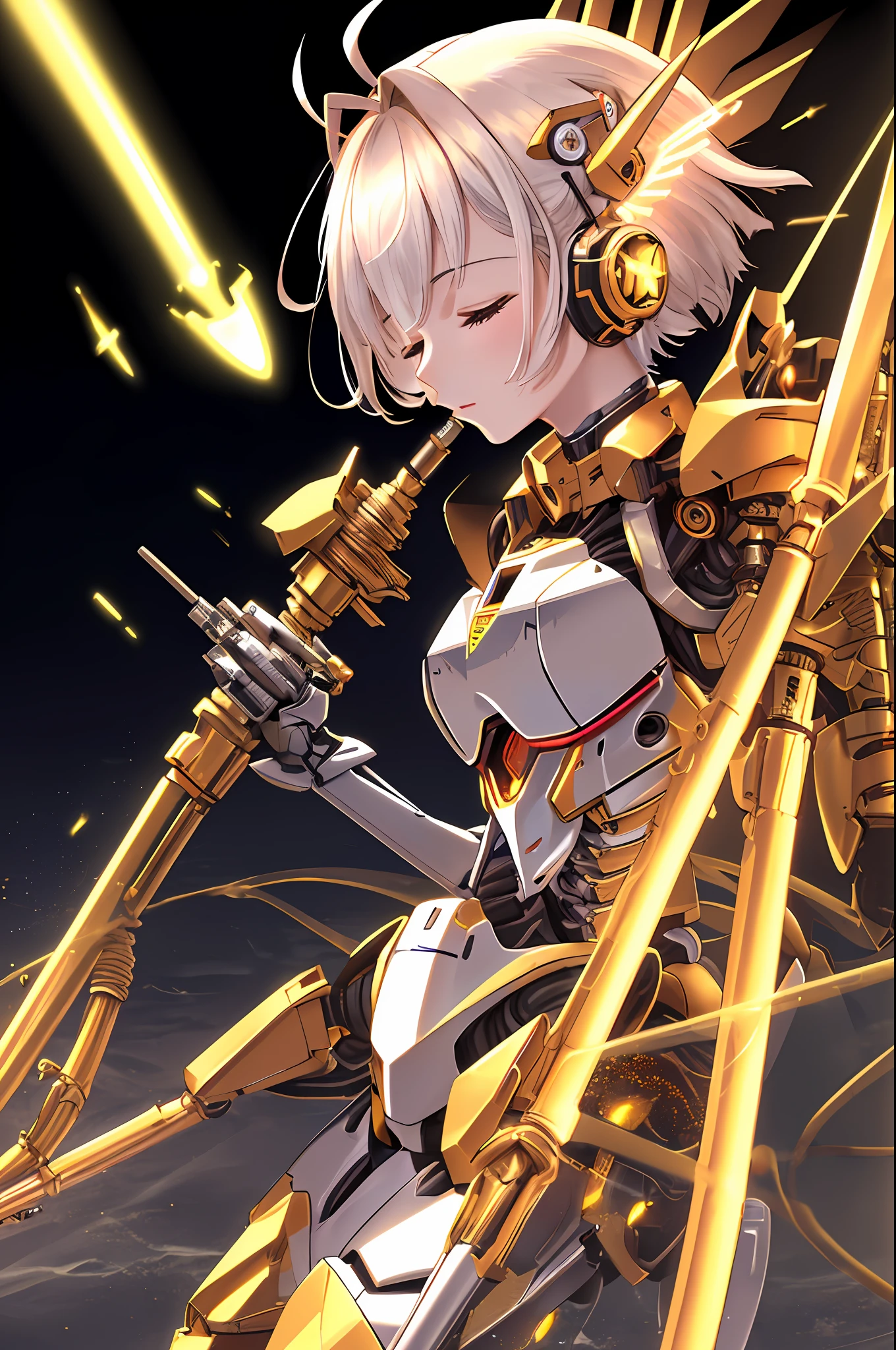 Top quality, masterpiece, masterpiece, highly detailed 8k wallpaper, realistic, beautiful machanical girl, (A mechanical glowing antenna attached to the ear:1.1),(closed eyes:1.1), BREAK, machanical girl,(machine made joints, machanical limbs and finger, exoskeleton spine and coccyx:1.2),(glowing wings mounted on shoulder:1.1),(dynamic angle:1.2),