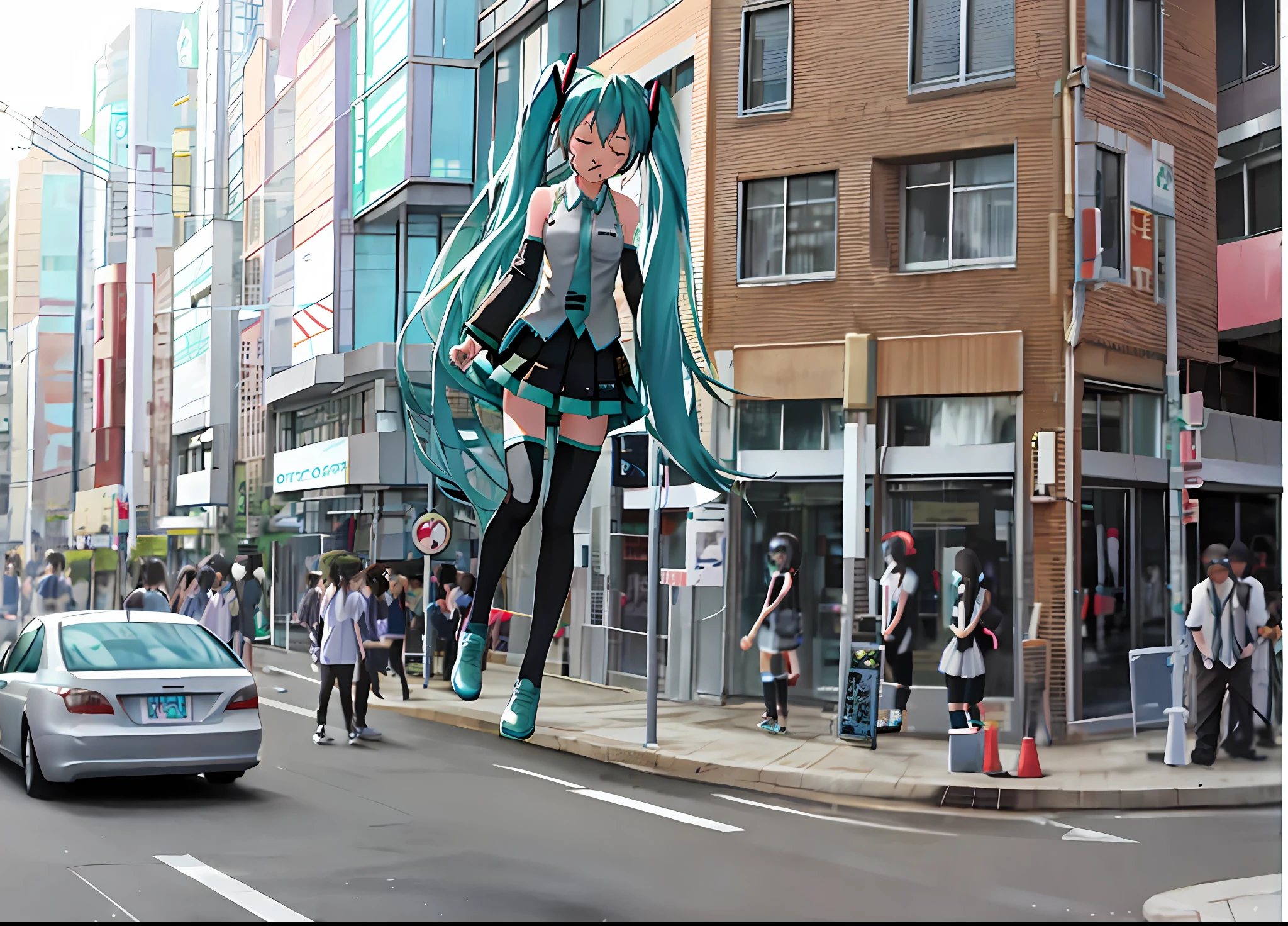 Hatsune Miku, Tokyo Anime Scene, On the City Streets, Anime CGI Style, Realistic, Eyes Closed, Mouth Closed,