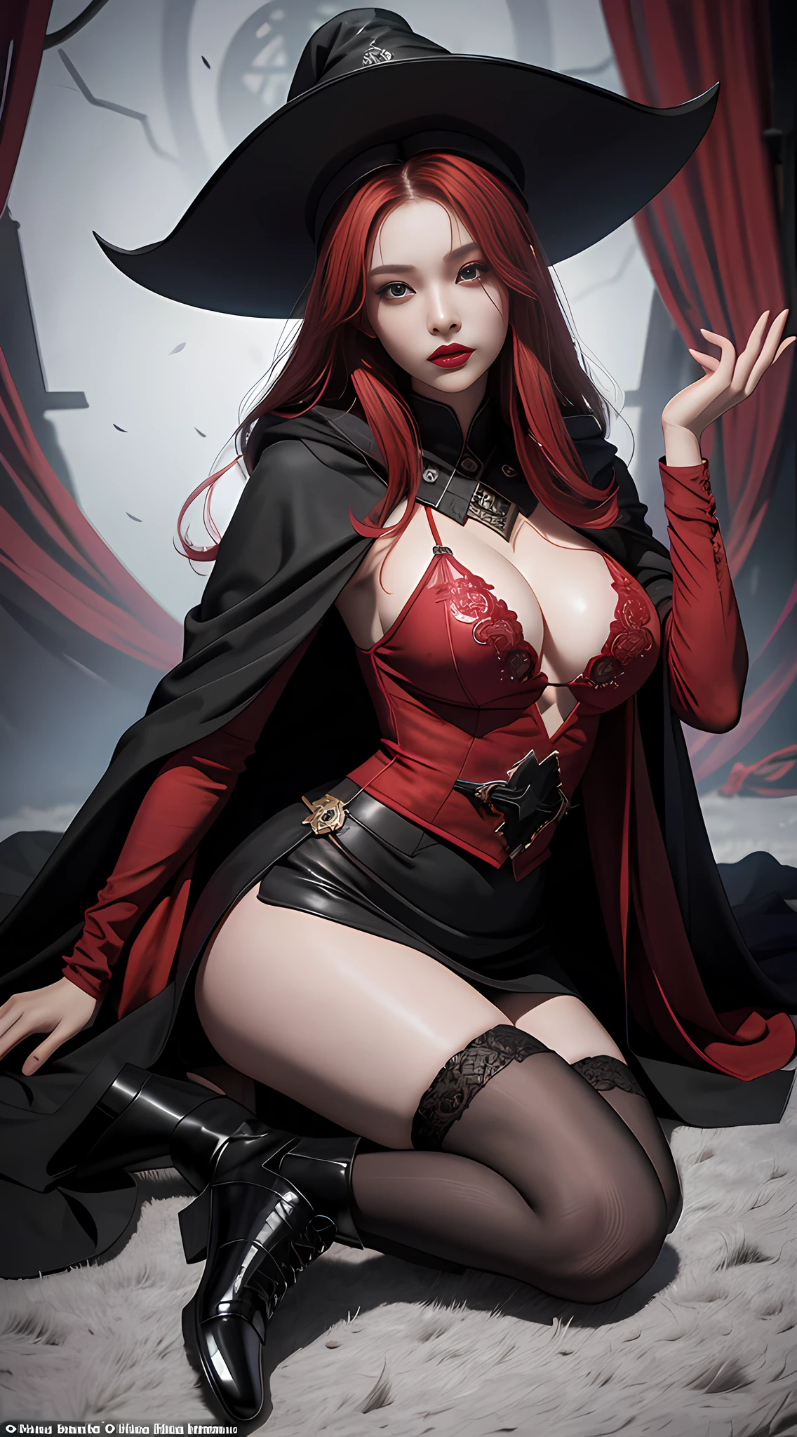 (Masterpiece, Best Quality, Ultra Fine, Flawless: 1.3), Epic, Illustration, 1 Girl, Beautiful Facial Features, Big Tits, Pale Skin, Exaggerated and Gorgeous Wizard Hat, Black Robe, White Tight-fitting Top, Short Silk Skirt, Black Boots, Black Stockings, (Full Body: 1.3), Dark Witch, (Red Lipstick: 1), Claws, Korea, (Blood Red Tapestry, Loaded with Ominous Creatures: 1.3) On the battlefield full of the vanquished and degenerate