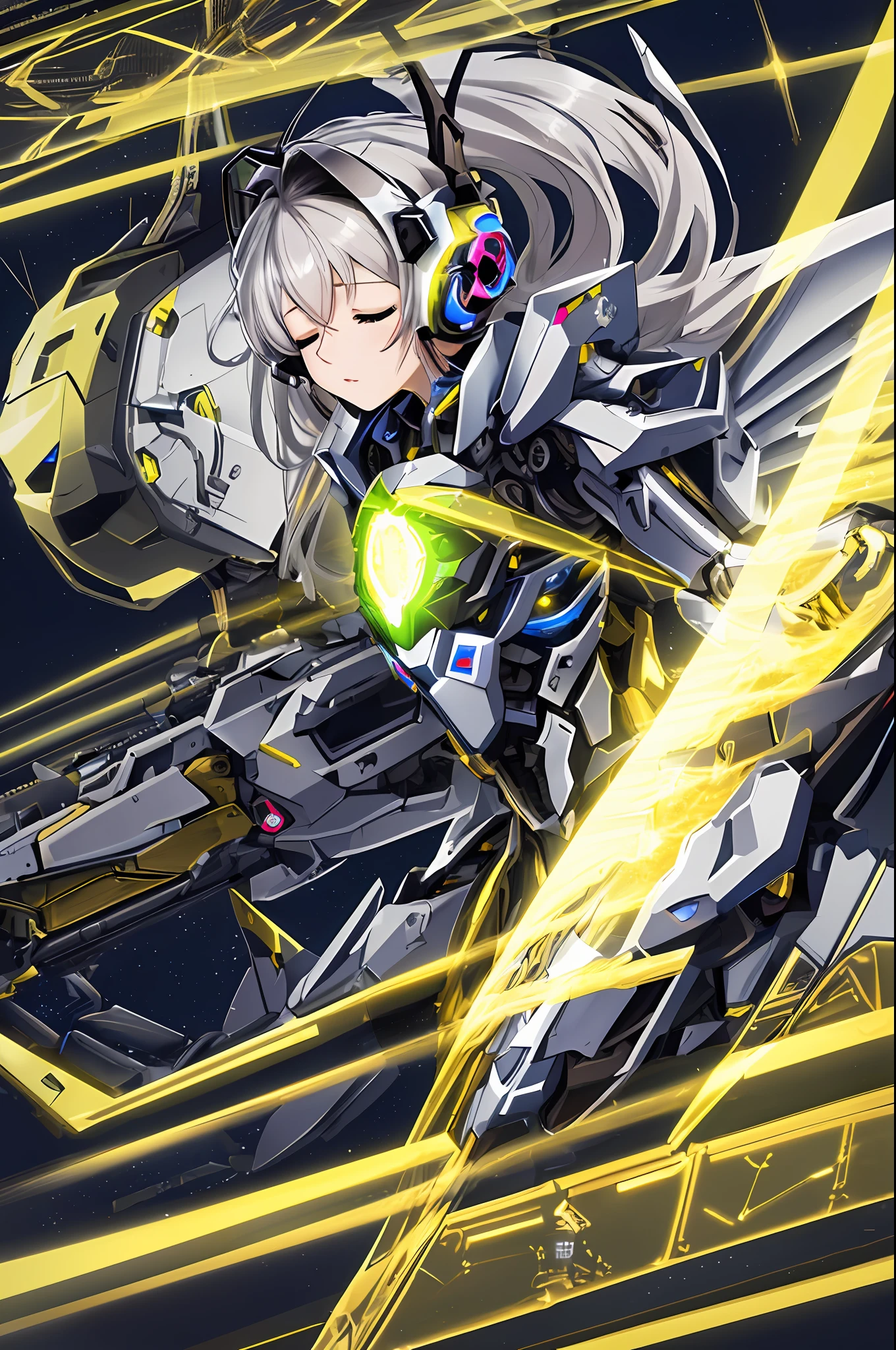 Top quality, masterpiece, masterpiece, highly detailed 8k wallpaper, realistic, beautiful machanical girl, (A mechanical glowing antenna attached to the ear:1.1),(closed eyes:1.1), BREAK, machanical girl,(machine made joints, machanical limbs and finger, exoskeleton spine and coccyx:1.2),(glowing wings mounted on shoulder:1.1),(dynamic angle:1.2),