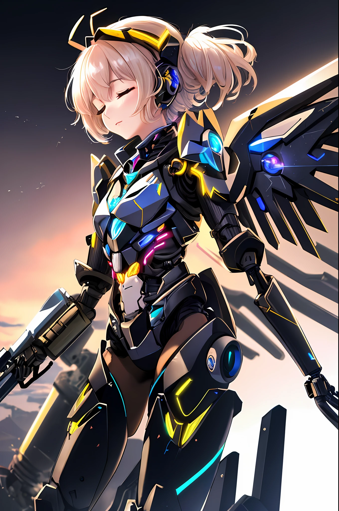 Top quality, masterpiece, masterpiece, highly detailed 8k wallpaper, realistic, beautiful machanical girl, (A mechanical glowing antenna attached to the ear:1.1),(closed eyes:1.1), BREAK, machanical girl,(machine made joints, machanical limbs and finger, exoskeleton spine and coccyx:1.2),(glowing wings mounted on shoulder:1.1),(dynamic angle:1.2),