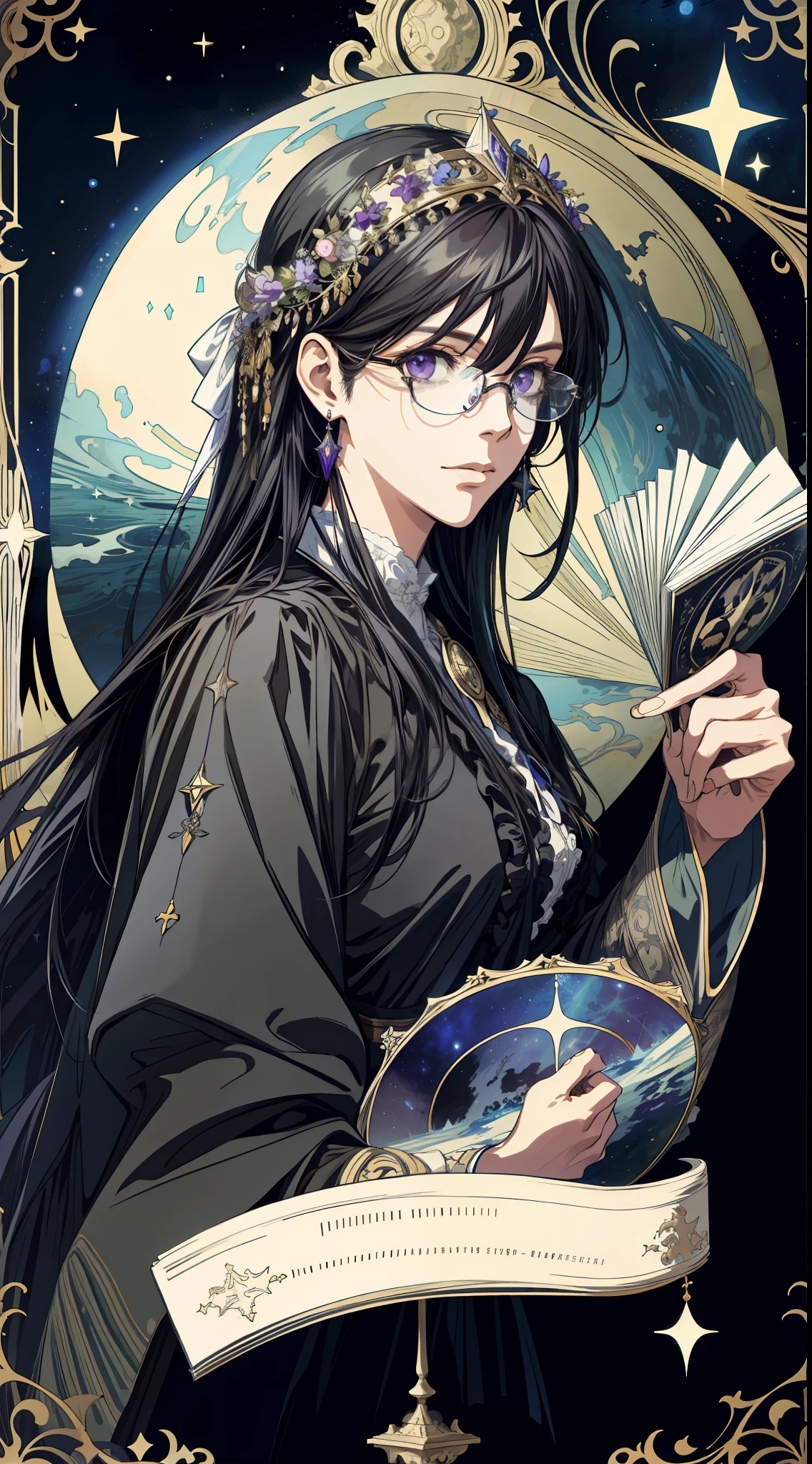 (absurd, high resolution, super detailed), solo, female, long black hair, deep purple eyes, black robe, glasses, planetarium decoration, Victorian style, mature female, fine eyes and detailed face, hermitage\tarot cards\, stars, ocean, moon, symbolism, visual arts, occult, visual projection, philosophy, iconology, numerology, pop, art, alfonse Mucha