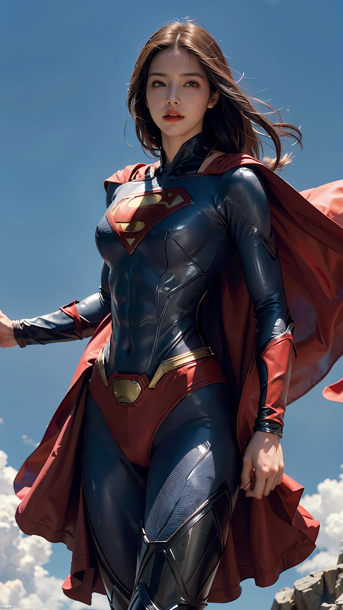 Detailed SuperMan costume with full sleeves covering the entire body, featuring a woman's physique, high-quality rendering, flying in sky, vivid colors, dramatic lighting, red cape, cinematic costume