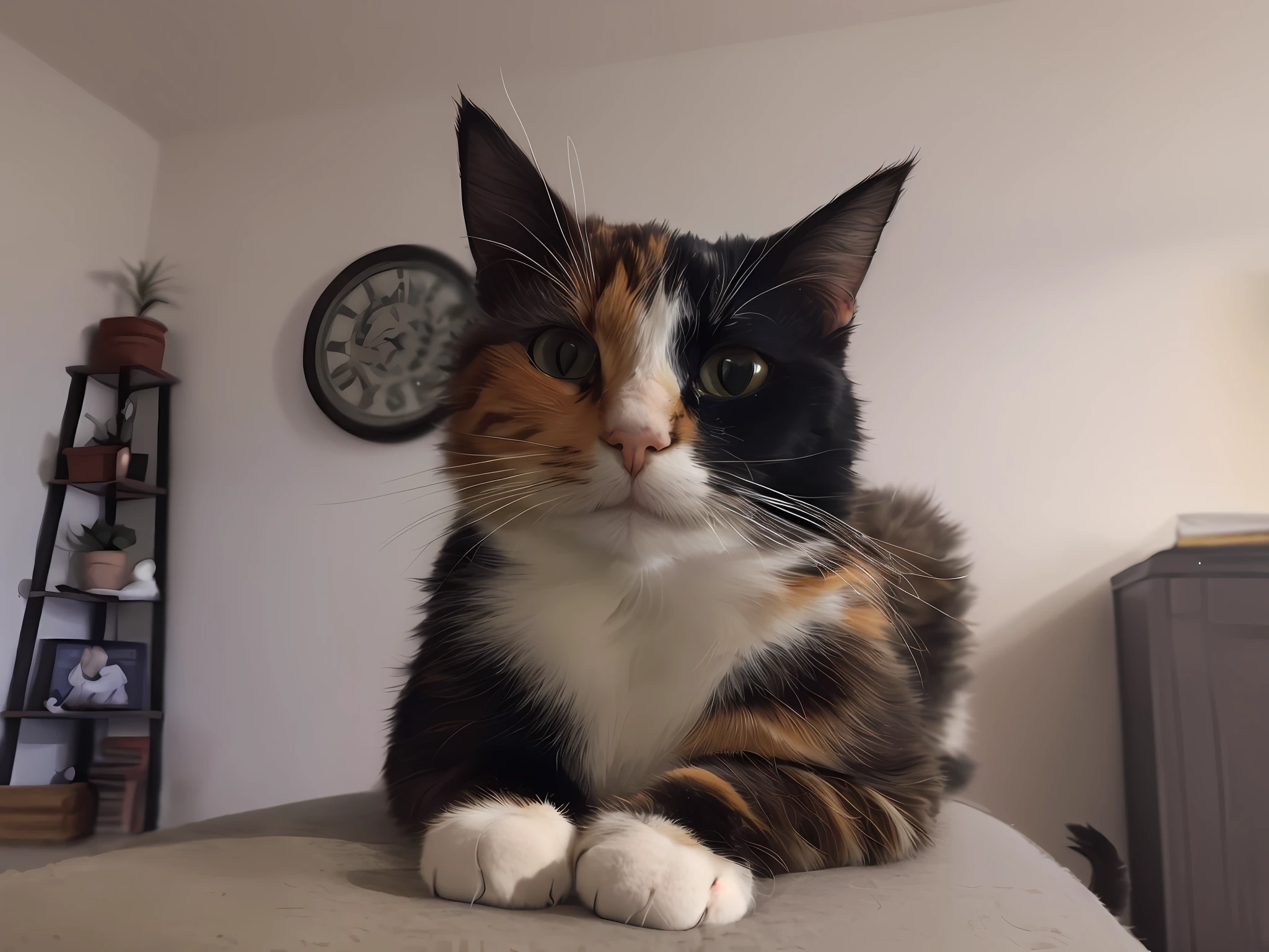 there is a cat that is sitting on a couch looking at the camera, calico cat, calico, looking towards the camera, she is facing the camera, cattie - brie of mithril hall, taken with sony alpha 9, photograph of april, looking straight to camera, front facing the camera, looking directly at the camera, looking straight to the camera