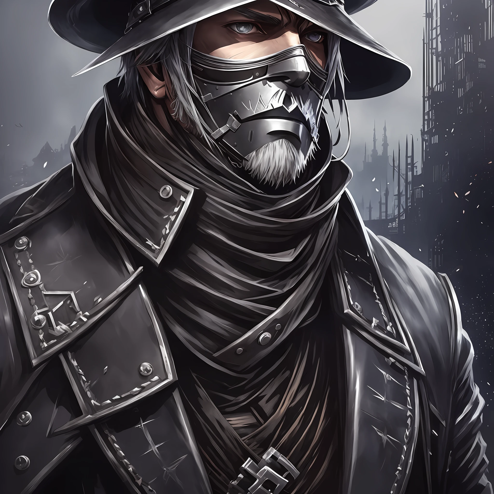 a person wearing a hat and a coat, corvo attano, bloodborne style, male rogue, bloodborne art, raiden metal gear, official character art, black greatcoat, portrait of a bloodborne hunter, official character illustration, wearing a black noble suit, as a solomon kane, nier automata concept artsyle, nier automata concept art --auto --s2