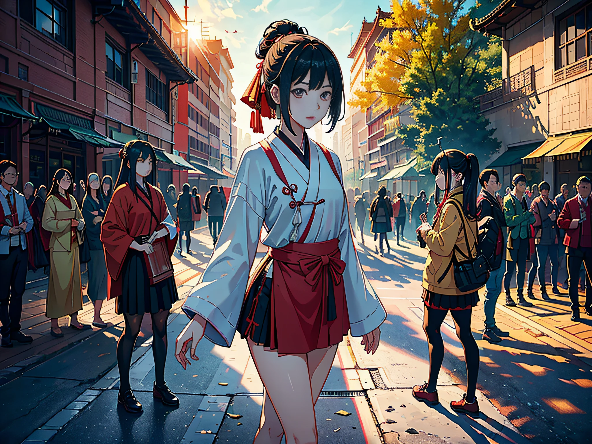 In the morning, the sun is shining, multiple students in the school square, with examination tools, background school building, school art building, the lens is mainly featured in the student crowd, in the Loepfe art style ((Xinhaicheng), popular in CGStation, Xinhaicheng H 2160, inspired by Bian Shoumin, Xinhaicheng, Kavasi, Guwitz's style, high quality pictures, 4K, 8K, resolution,