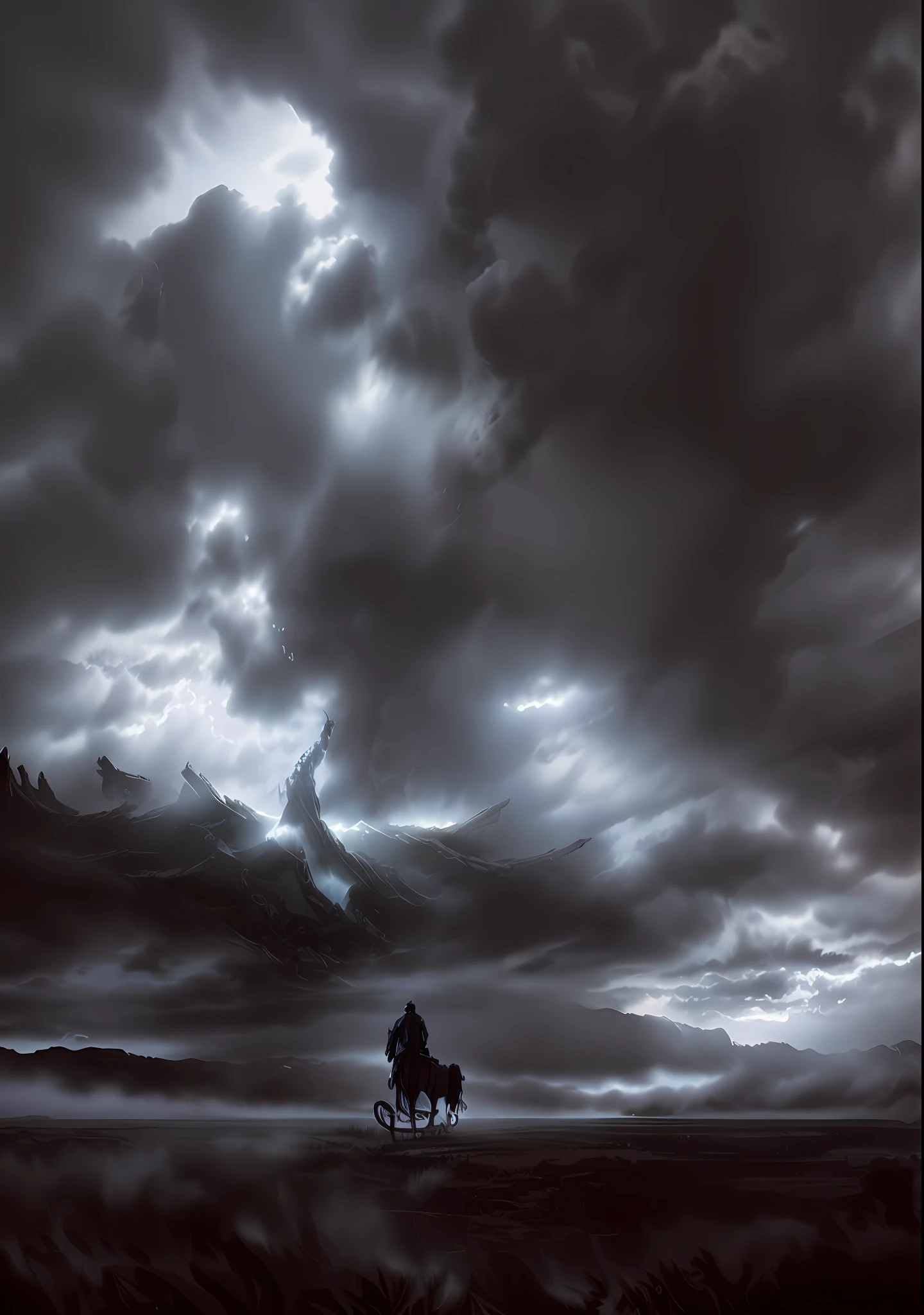 arafed image of a man riding a horse in a field, godrays digital painting, anime clouds, atmospheric. digital painting, giant clouds, intimidating clouds, dramatic concept art, shadow of the colossus, clouded sky, inspired by Noah Bradley, cloudy skies, mostly greyscale, gloomy sky, some clouds, anime atmospheric, heavy clouds
