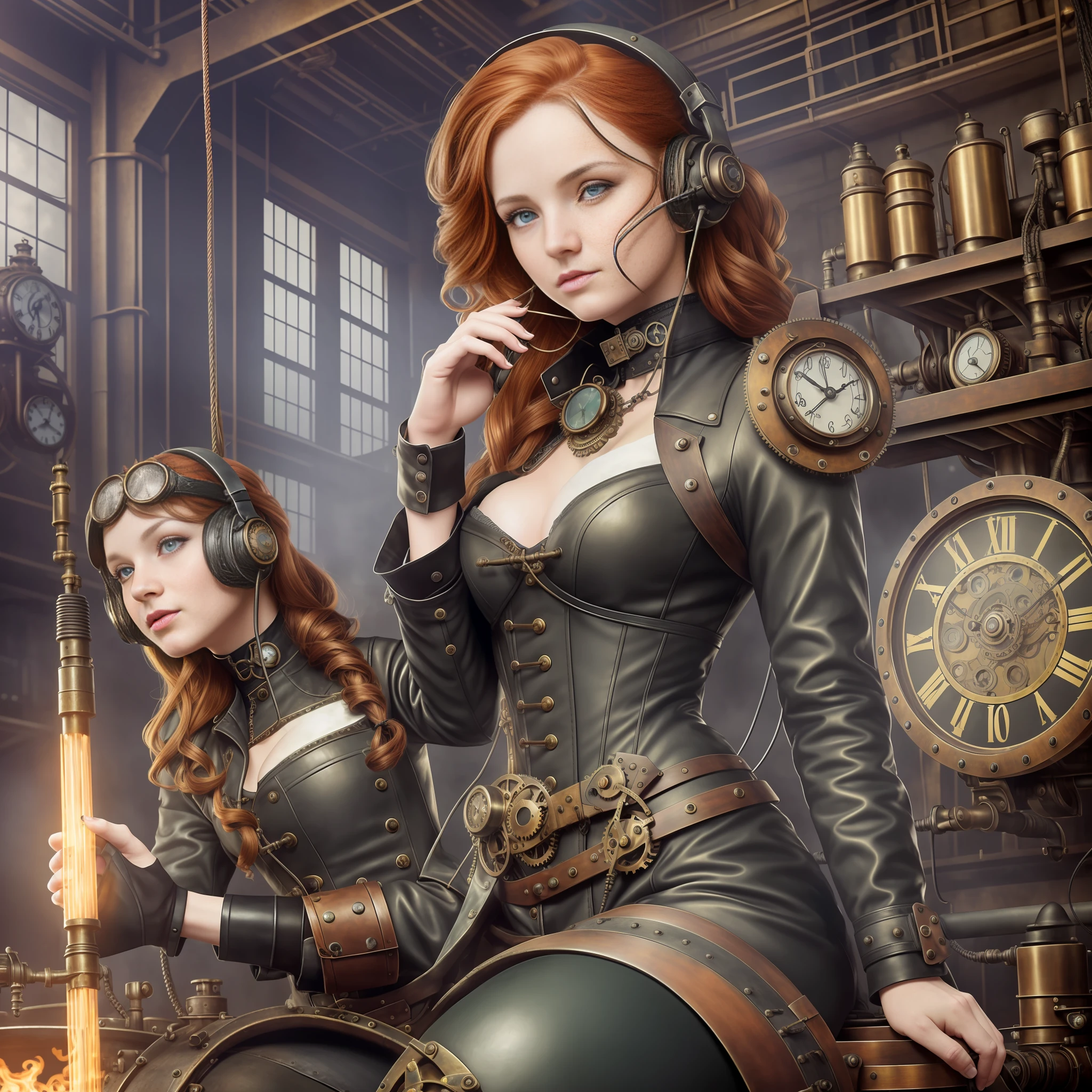 hyper photorealism, very high contrast photograph, street photography, cinematic lighting, dramatic lighting, (a 19 yo girl, (Ana de Armas:0.50), (redhead:1.1)), very cute, (perfect eyes:1.1), photorealistic wavy hair, looking down at her own hand, steampunk jumpsuit, intercom headset, steampunk choker, long leather boots, perfect detailed face, detailed symmetric green eyes with circular iris, fixing a steam engine in the steampunk garage filled with steam and smoke, intricate, hdr, intricate details, detailed, cinematic, cogs and gears, steamy background with lots of steam pipes and steam valves and pressure gauges and gears, realistic, stunning realistic photograph, 3d render, octane render, cinematic, Isometric, Centered, hyperealistic cover photo, awesome full color, 12k, high definition, portrait featured on unsplash, smooth, ultra high definition, 8k, ultra sharp focus, intricate artwork, masterpiece, ominous, epic, highly detailed, warm cinematic, a girl in a light gray uniform sitting on a machine, young girl in steampunk clothes, in a steampunk laboratory, steampunk inventor girl, in a steampunk world, woman in a dark factory, steampunk fantasy style, steampunk , steampunk aesthetic --auto --s2