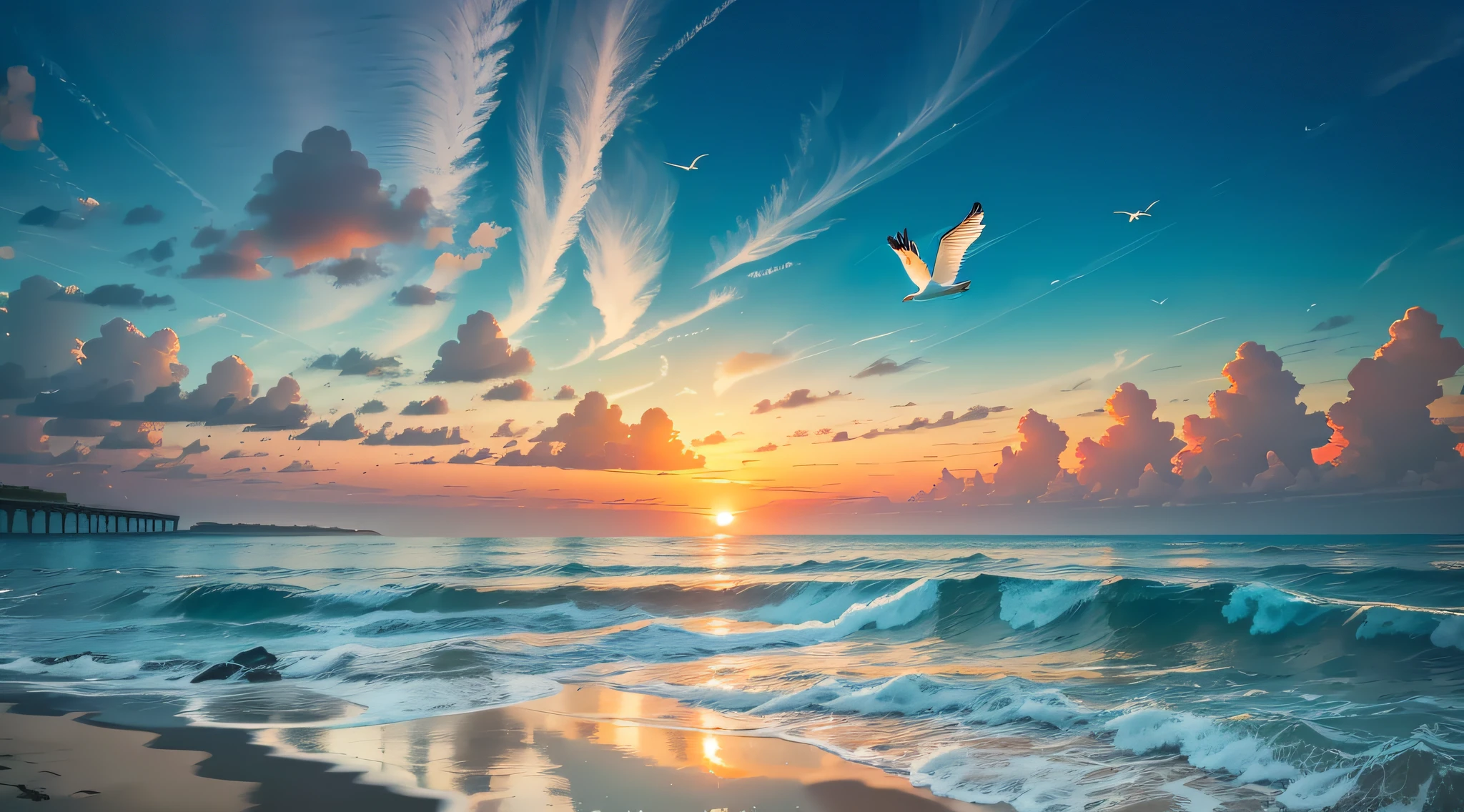 Absolutely mesmerizing sunsets on the beach, coastline, a mix of orange, cyan, light blue and yellow in the sky. The water is crystal clear, the waves lap against the reef on the shore, kiss the shore tenderly, and the white sand is boundless. The dynamic and breathtaking images show small seagulls soaring high in the sky in the distance and palm trees gently swaying on both sides of the coast. Immerse yourself in the calm atmosphere and let the tranquil surroundings surround you.