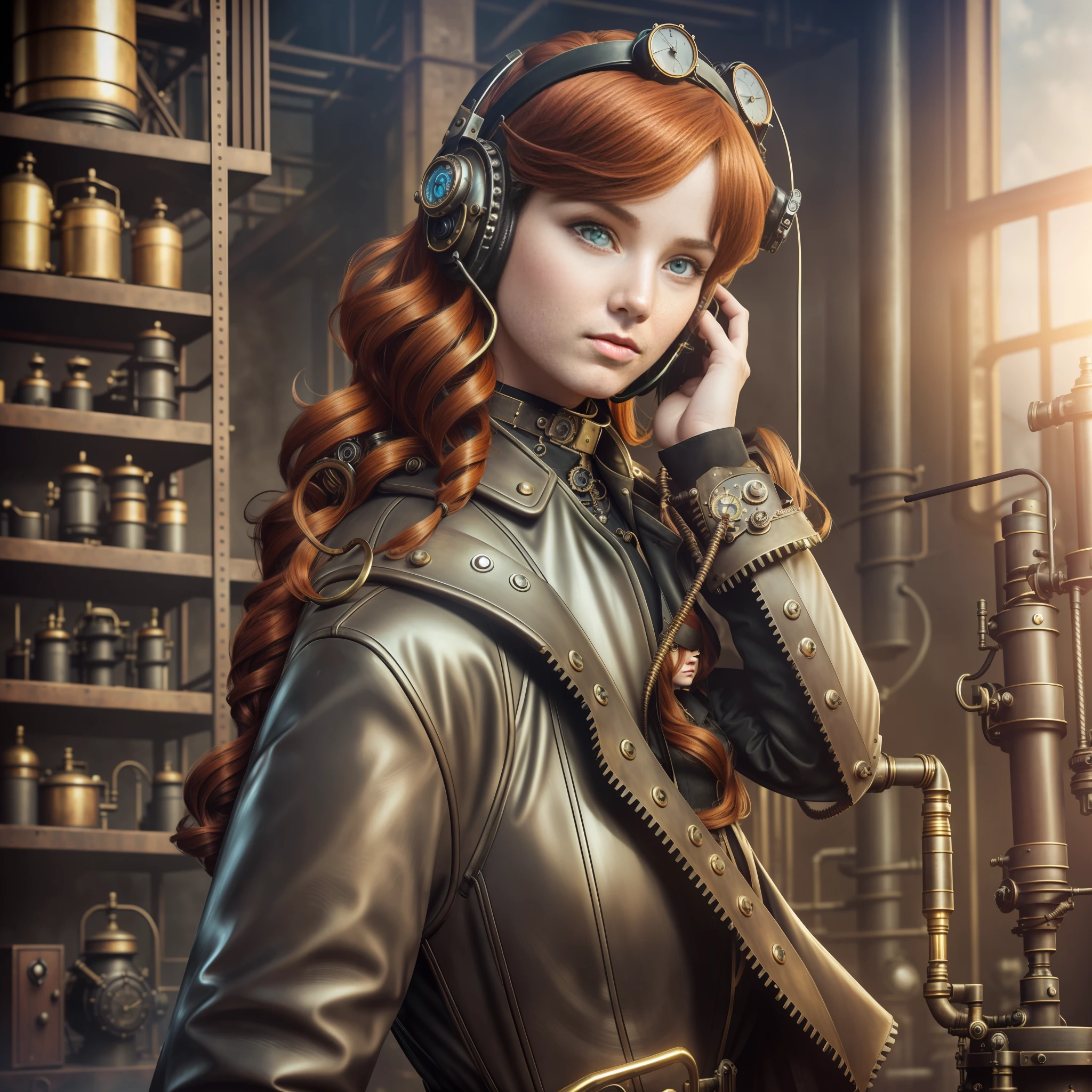 hyper photorealism, very high contrast photograph, street photography, cinematic lighting, dramatic lighting, (a 19 yo girl, (Ana de Armas:0.50), (redhead:1.1)), very cute, (perfect eyes:1.1), photorealistic wavy hair, looking down at her own hand, steampunk jumpsuit, intercom headset, steampunk choker, long leather boots, perfect detailed face, detailed symmetric green eyes with circular iris, fixing a steam engine in the steampunk garage filled with steam and smoke, intricate, hdr, intricate details, detailed, cinematic, cogs and gears, steamy background with lots of steam pipes and steam valves and pressure gauges and gears, realistic, stunning realistic photograph, 3d render, octane render, cinematic, Isometric, Centered, hyperealistic cover photo, awesome full color, 12k, high definition, portrait featured on unsplash, smooth, ultra high definition, 8k, ultra sharp focus, intricate artwork, masterpiece, ominous, epic, highly detailed, warm cinematic, a girl in a light gray uniform sitting on a machine, young girl in steampunk clothes, in a steampunk laboratory, steampunk inventor girl, in a steampunk world, woman in a dark factory, steampunk fantasy style, steampunk , steampunk aesthetic --auto --s2
