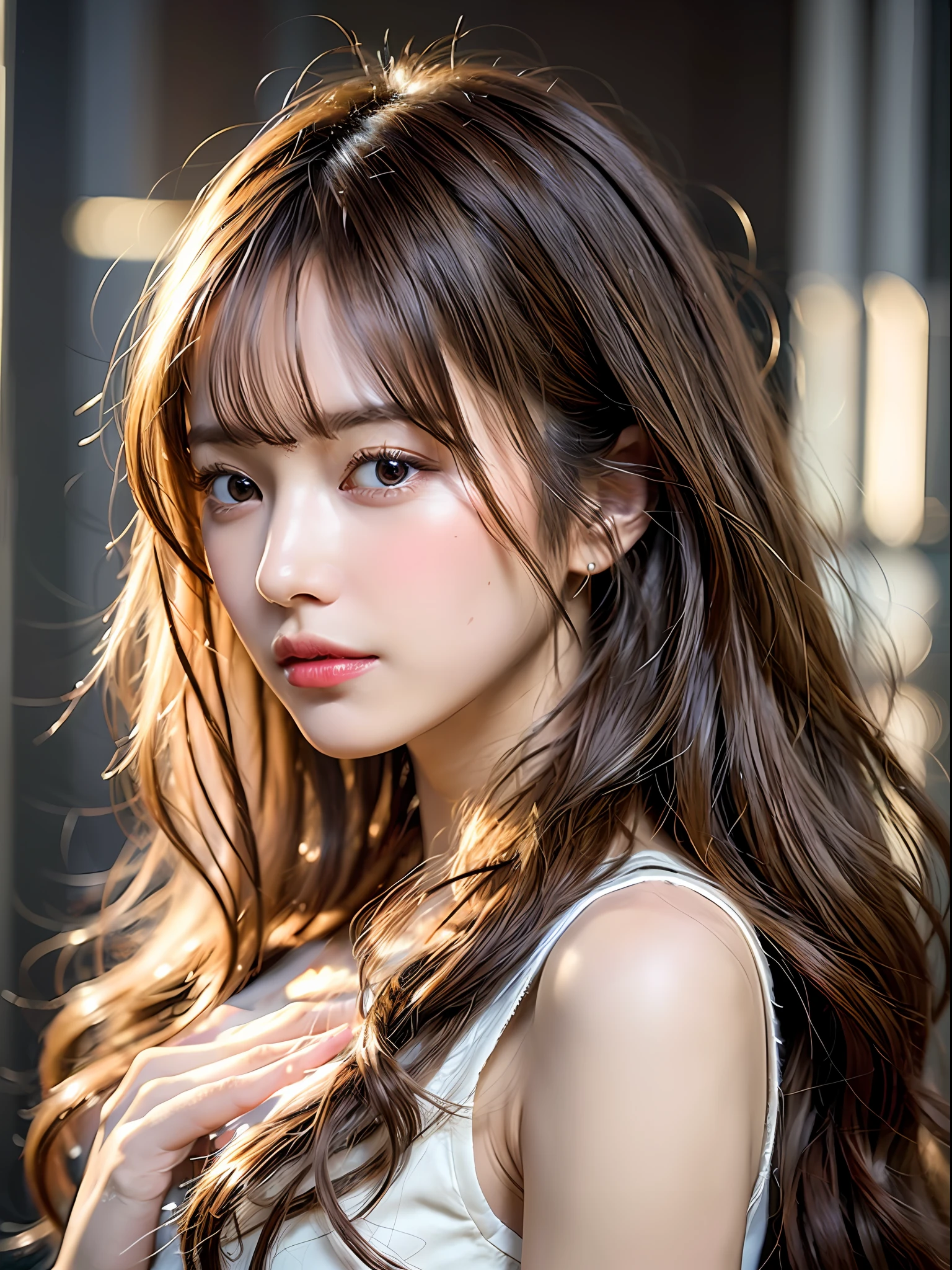 depth of field, lifelike, realistic, super detailed, beautiful, slender, cute, 30s, beautiful features, actress, mature, upper body, bright brown hair, thin hair, small face, live-action, highest quality, very elaborate CG Unity 8K wallpaper, ultra high resolution, natural fashion, lighting, medium hair, (puffy eyes), model figure, light on hair, turn around pose, Ash brown hair, model pose, studio shoot, white background, delicate skin type, light wavy hair close to straight hair, hands around the mouth, adult clothes, hair model shoot, hair fluttering in the wind, transparent hair, fine hair fineness, soft hair, fine skin, bright photo, less hair, angle of pull, professional lighting, realistic light, realistic shadow, natural light, soft light, beige hair