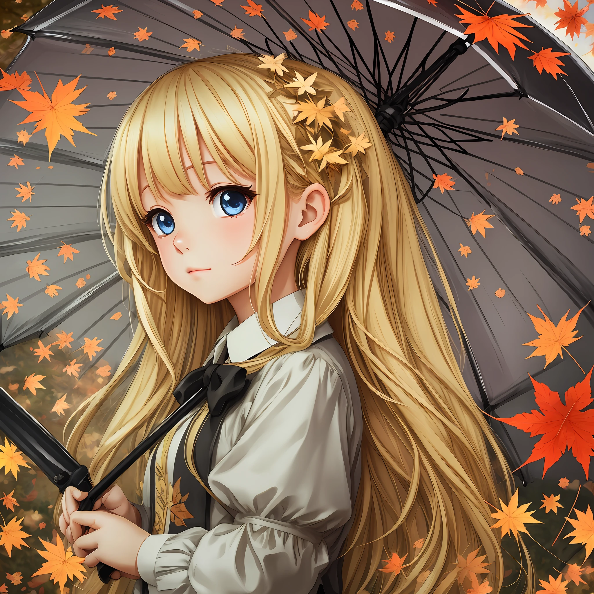 Illustration Q version big eyes love expression blonde hair holding umbrella background for maple leaves falling --auto --s2