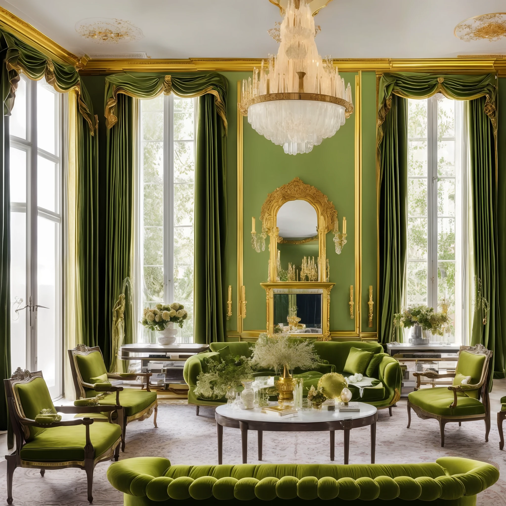 Photo of Architectural Digest is a French-style olive green solar-punk living room, (with flowers:0.3), a beautiful woman, golden lines, solid wood furniture, crystal chandeliers, surrealist surrealism, award-winning masterpiece, incredible detail, epic amazing, 8K