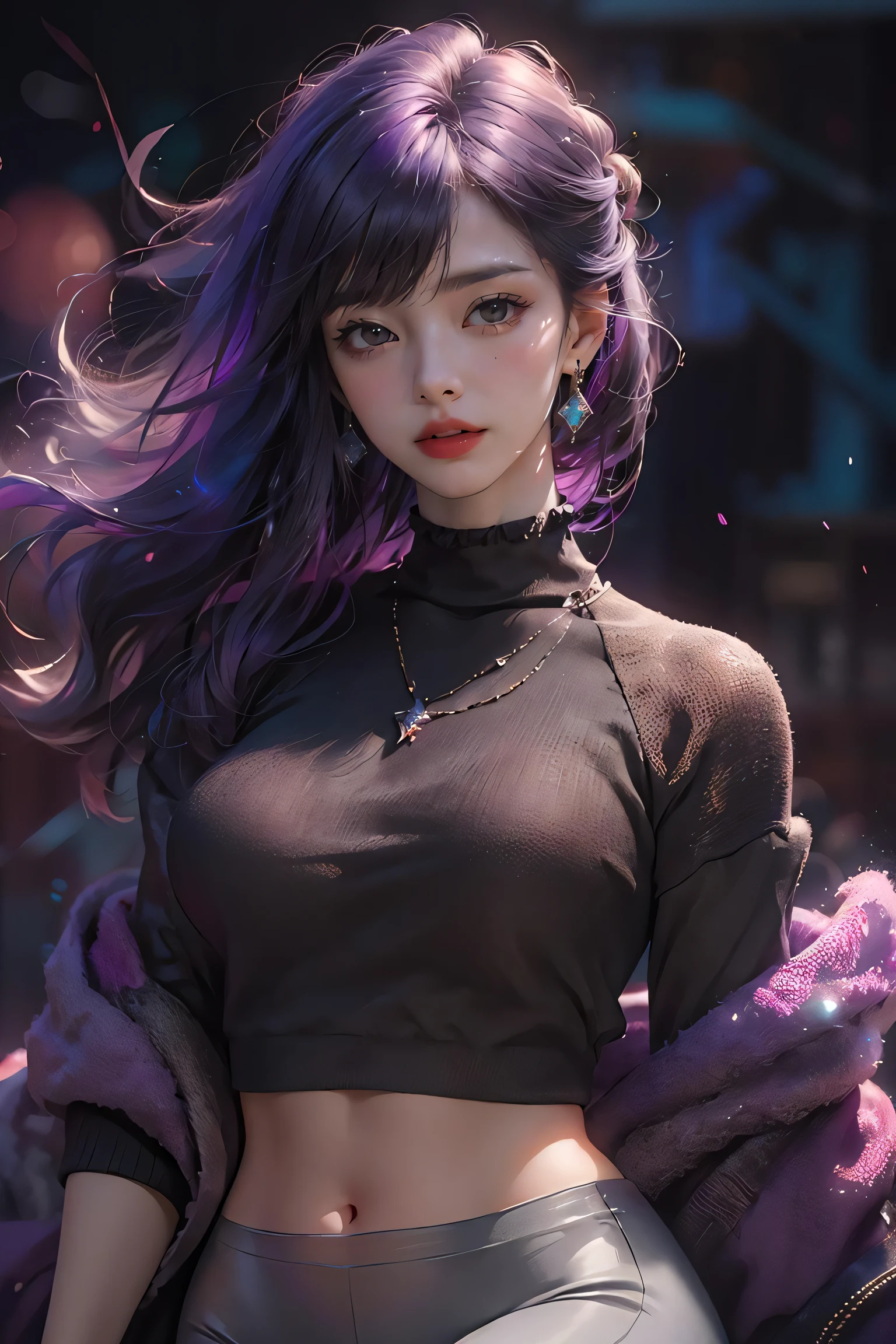 (photorealistic:1.3), ultra detailed, beautiful and aesthetic, masterpiece,best quality,lifelike rendering,moody lighting,
1girl,solo,
Purple sweater, gray leggings,breasts,
(glowing ambiance, enchanting radiance, luminous lighting, ethereal atmosphere, mesmerizing glow, evocative hues, captivating coloration, dramatic lighting, enchanting aura),