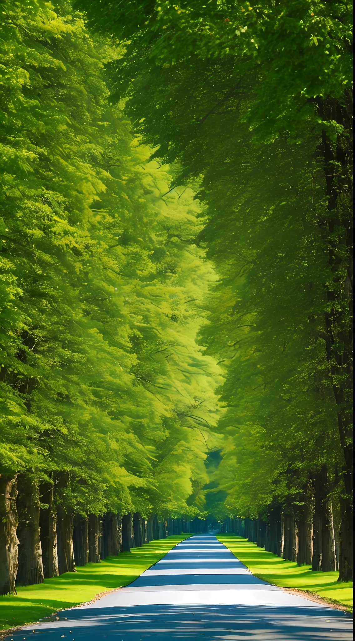 On a spring road, the plane trees on both sides are covered with green leaves
