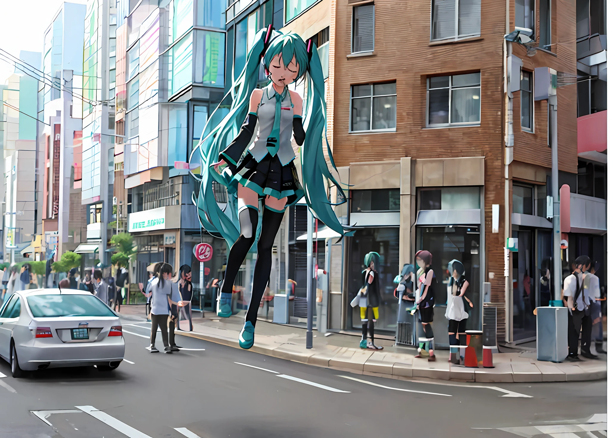 Hatsune Miku, Tokyo Anime Scene, On the City Streets, Anime CGI Style, Realistic, Eyes Closed, Mouth Closed, Levitation, Jump,