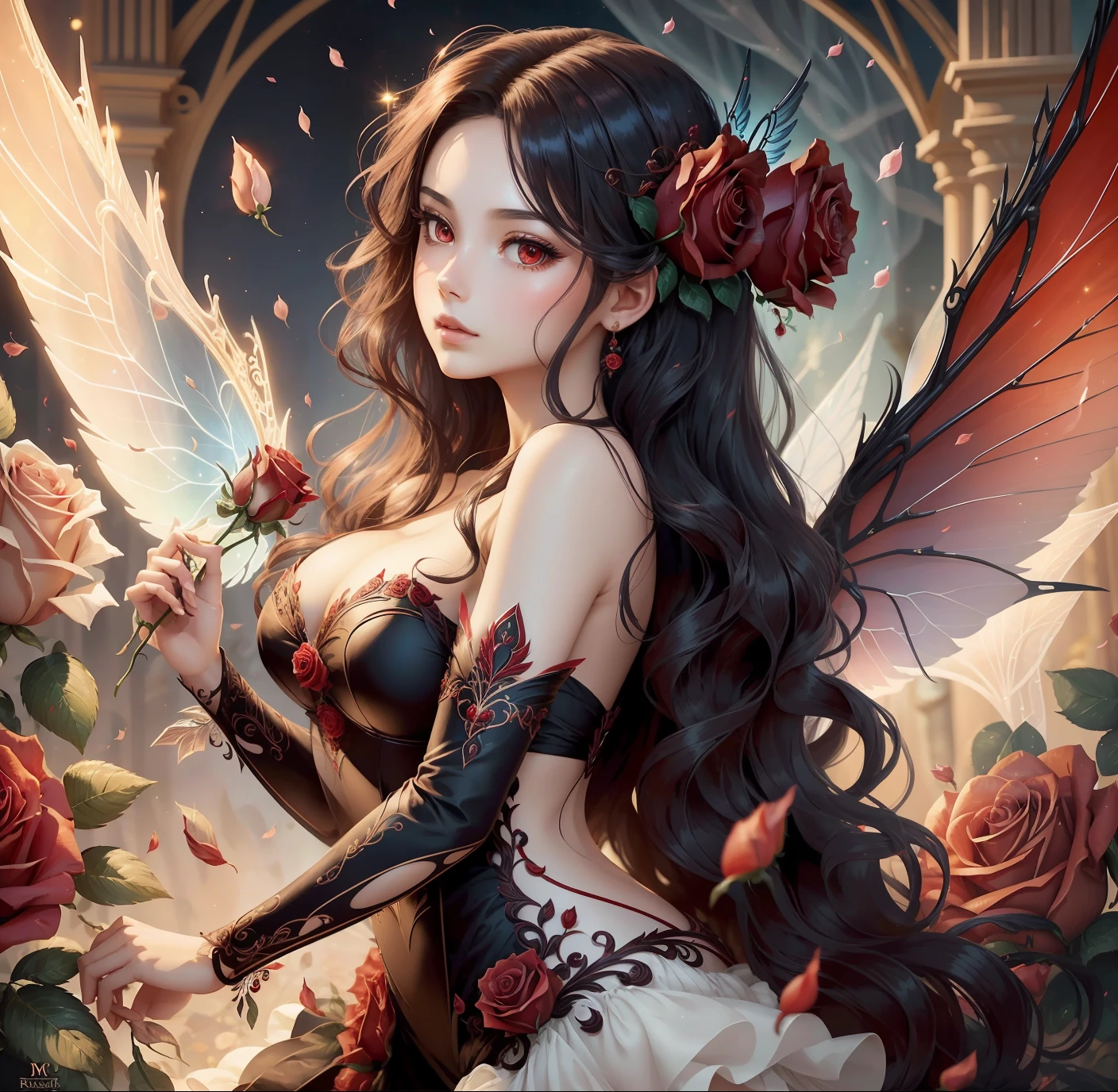 masterpiece, best quality, a red rose fairy, extremely gorgeous and delicate, long wavy black hair, extremely defined on body, has wings, sparkling, detailed on face and dress, designing and inspire with red rose