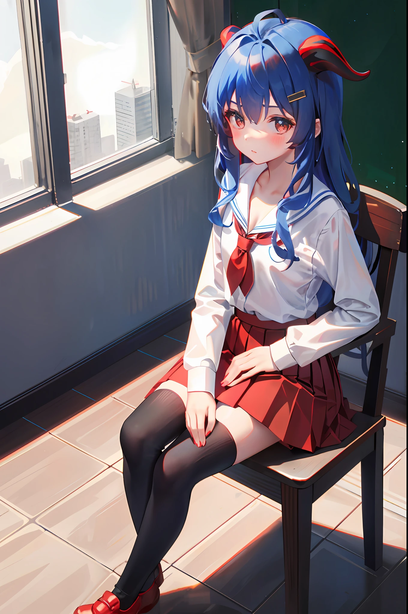 Ganyu, version, kidoli, l, solo, ((white shirt)), black thighhighs, flat chest, cleavage, niform, classroom, Red skirt, brown logo on chest,(red pleated skirt), school, hair between eyes, cute hair clip, small breasts, long hairng at viewer, blue hair, blue short nails, solo, thighhighs, thighs, long hair, ((masterpiece)), sitting, chair, desk, window, indoor, horn, blush, sexy pose, indonesian kidhool uniform SD, ((redirt)), red nectie, ((horn))