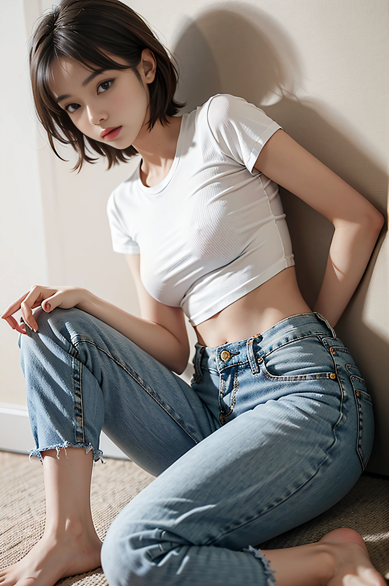 Girl in white shirt and tight denim skirt posing for photo, full body, legs spread, cut t-shirt, bra, slim body, small bust, slim girl model, 24 year old female model, lying down, shy,