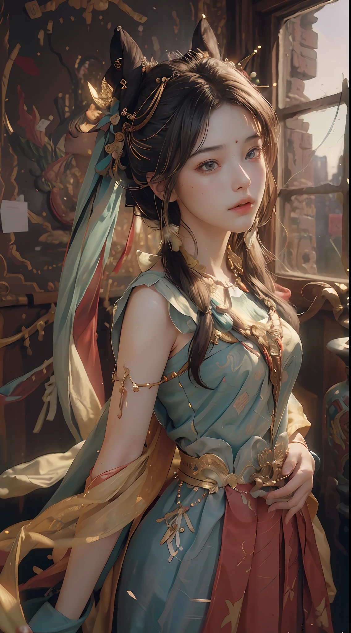 (RAW photo, best quality), (realistic, photo-realistic:1.3),best quality,highly detailed,masterpiece,ultra-detailed,illustration,1girl,upper_body,dynamic angle,world masterpiece theater,messy_long_hair,best quality,extremely detailed CG unity 8k wallpaper,ink,Amazing,cinematic lighting,lens_flare, dunhuang_style