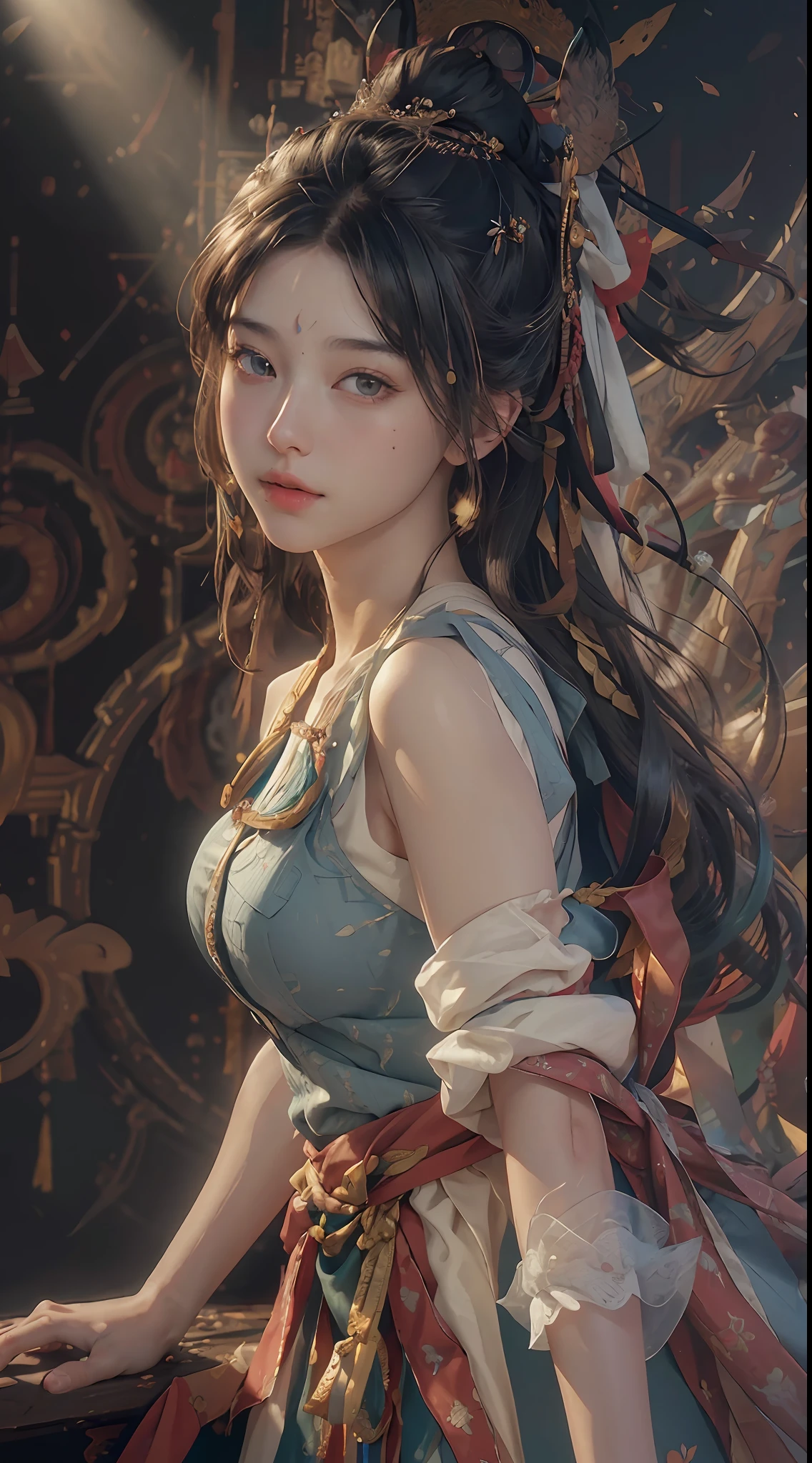 (RAW photo, best quality), (realistic, photo-realistic:1.3),best quality,highly detailed,masterpiece,ultra-detailed,illustration,1girl,upper_body,dynamic angle,world masterpiece theater,messy_long_hair,best quality,extremely detailed CG unity 8k wallpaper,ink,Amazing,cinematic lighting,lens_flare, dunhuang_style