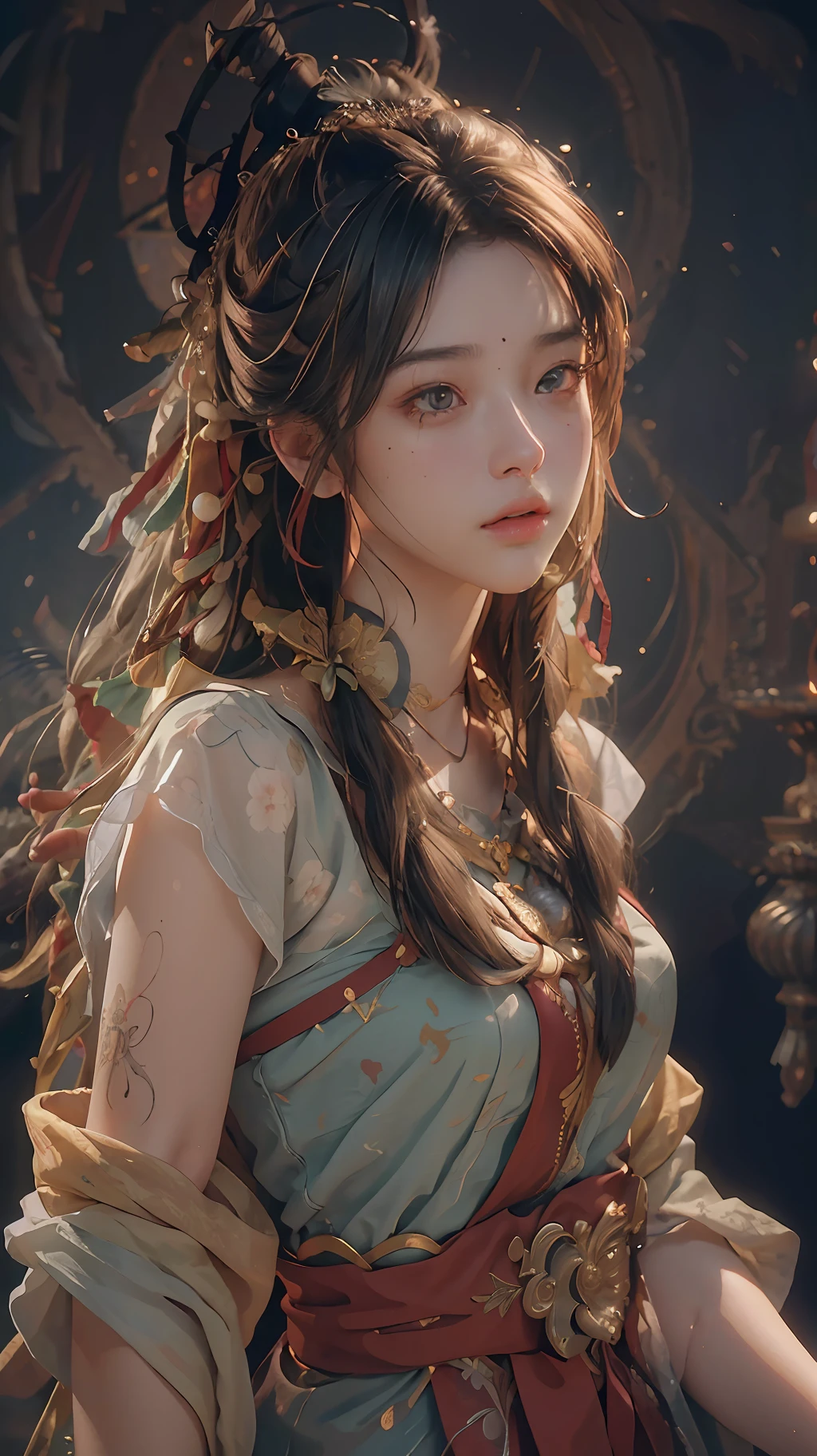 (RAW photo, best quality), (realistic, photo-realistic:1.3),best quality,highly detailed,masterpiece,ultra-detailed,illustration,1girl,upper_body,dynamic angle,world masterpiece theater,messy_long_hair,best quality,extremely detailed CG unity 8k wallpaper,ink,Amazing,cinematic lighting,lens_flare, dunhuang_style