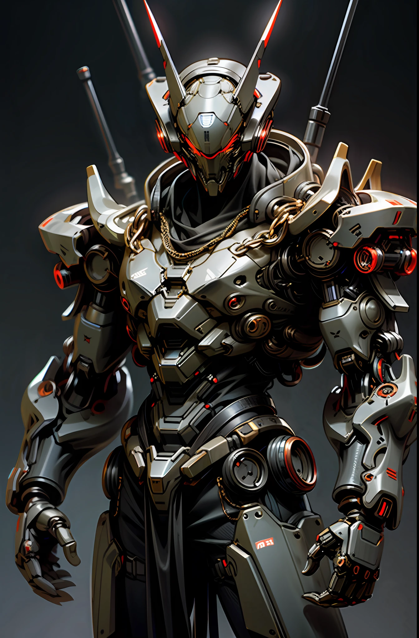 Dark_Fantasy,Cyberpunk,(chain weapon, chain man,Red:1.1),1man,Mechanical,Robotic presence,Cybernetic guardian, darkness background