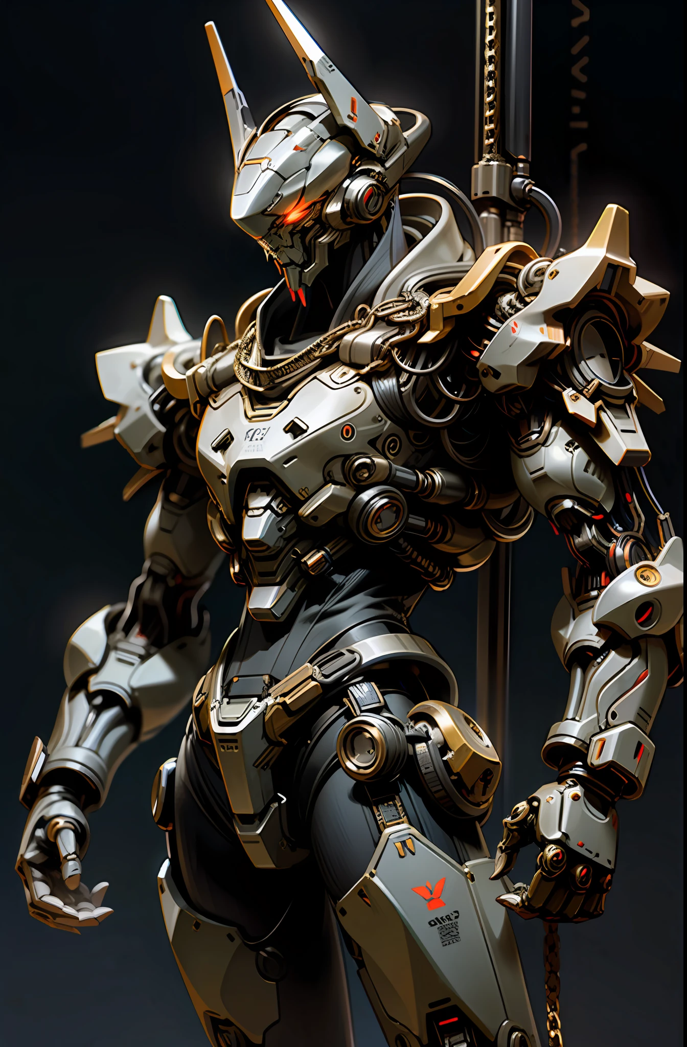 Dark_Fantasy,Cyberpunk,(chain weapon, chain man,Red:1.1),1man,Mechanical,Robotic presence,Cybernetic guardian, darkness background