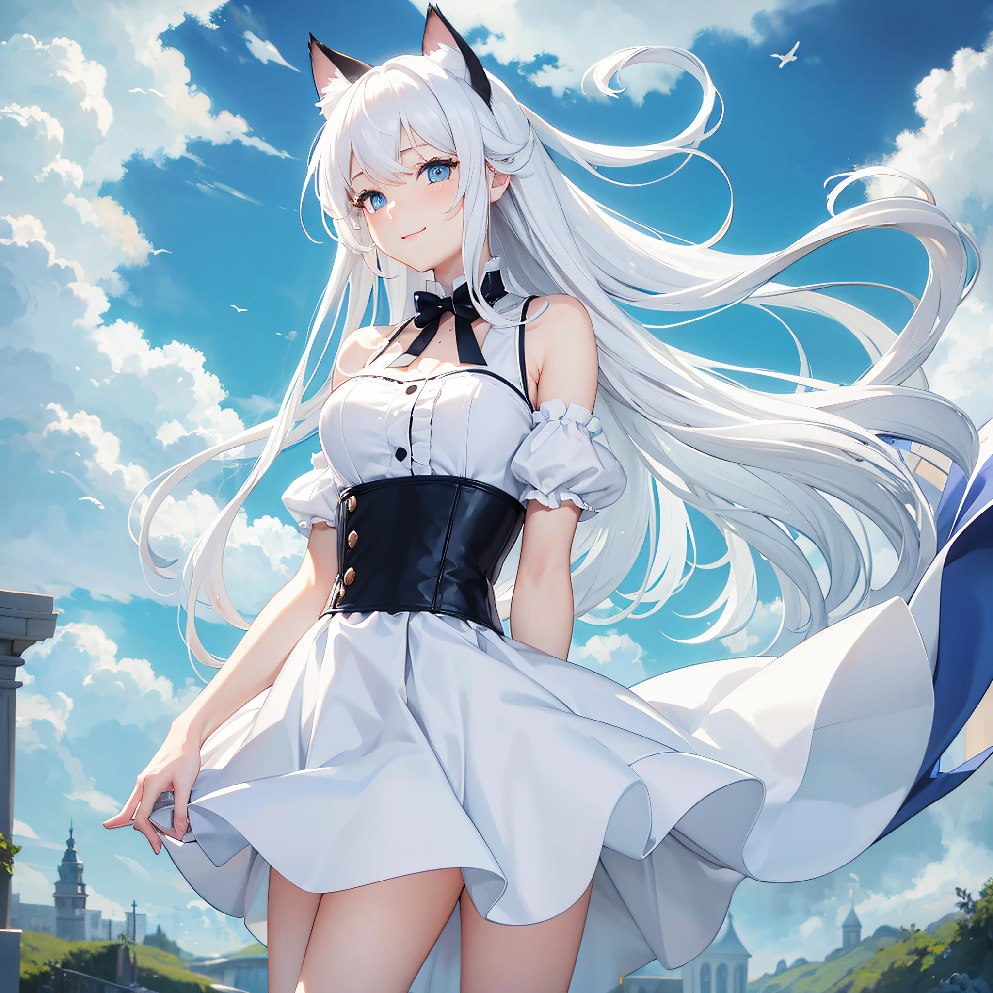 White hair, cat ears, blue eyes cute posture, white slip skirt breeze blowing, high definition, background blue sky and white clouds, posture looking back and smiling --auto --s2