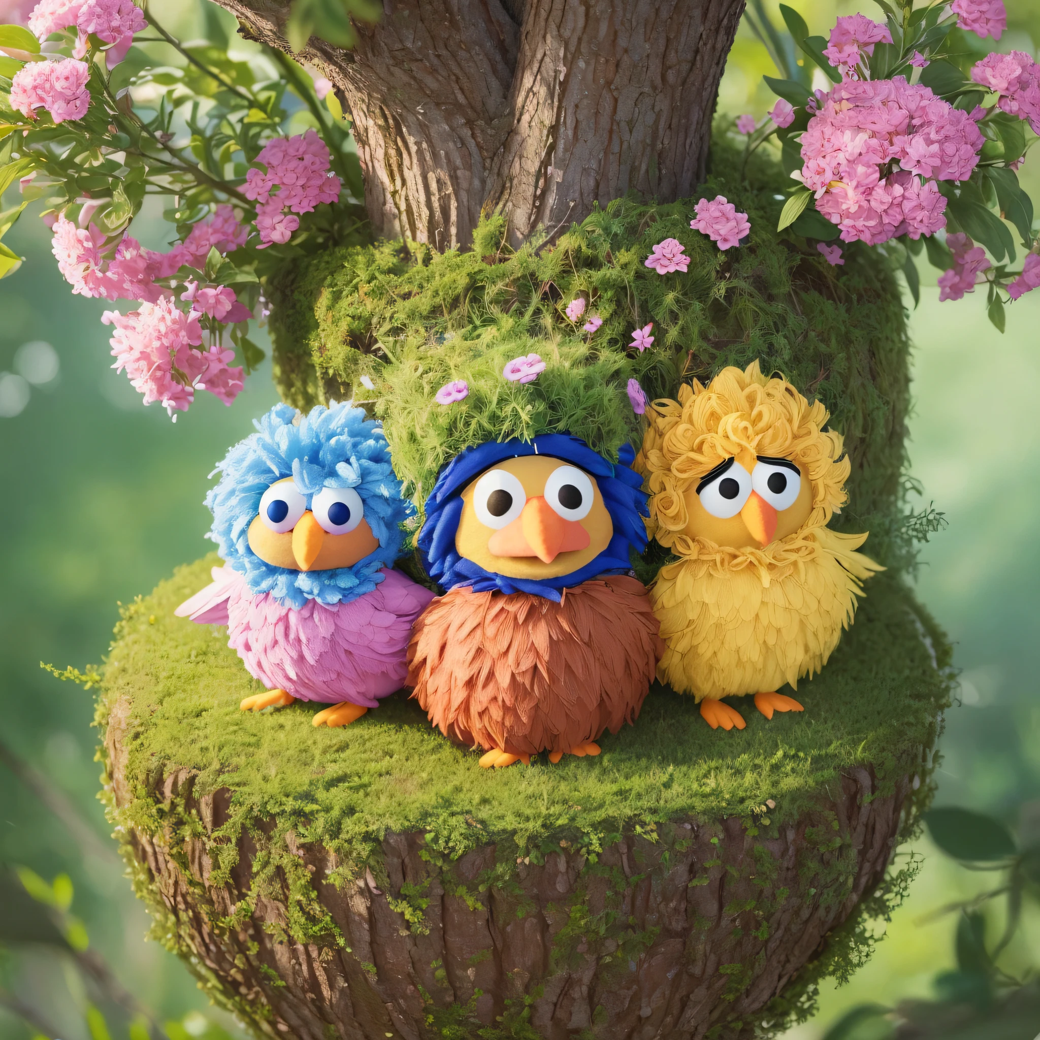 (extremely detailed CG unity 8k wallpaper, masterpiece, sesame street doll, delicate and cute, playful, surrounded by lush flowers and trees with birds in realistic details, bright and bright colors, vibrant, happy) --auto --s2