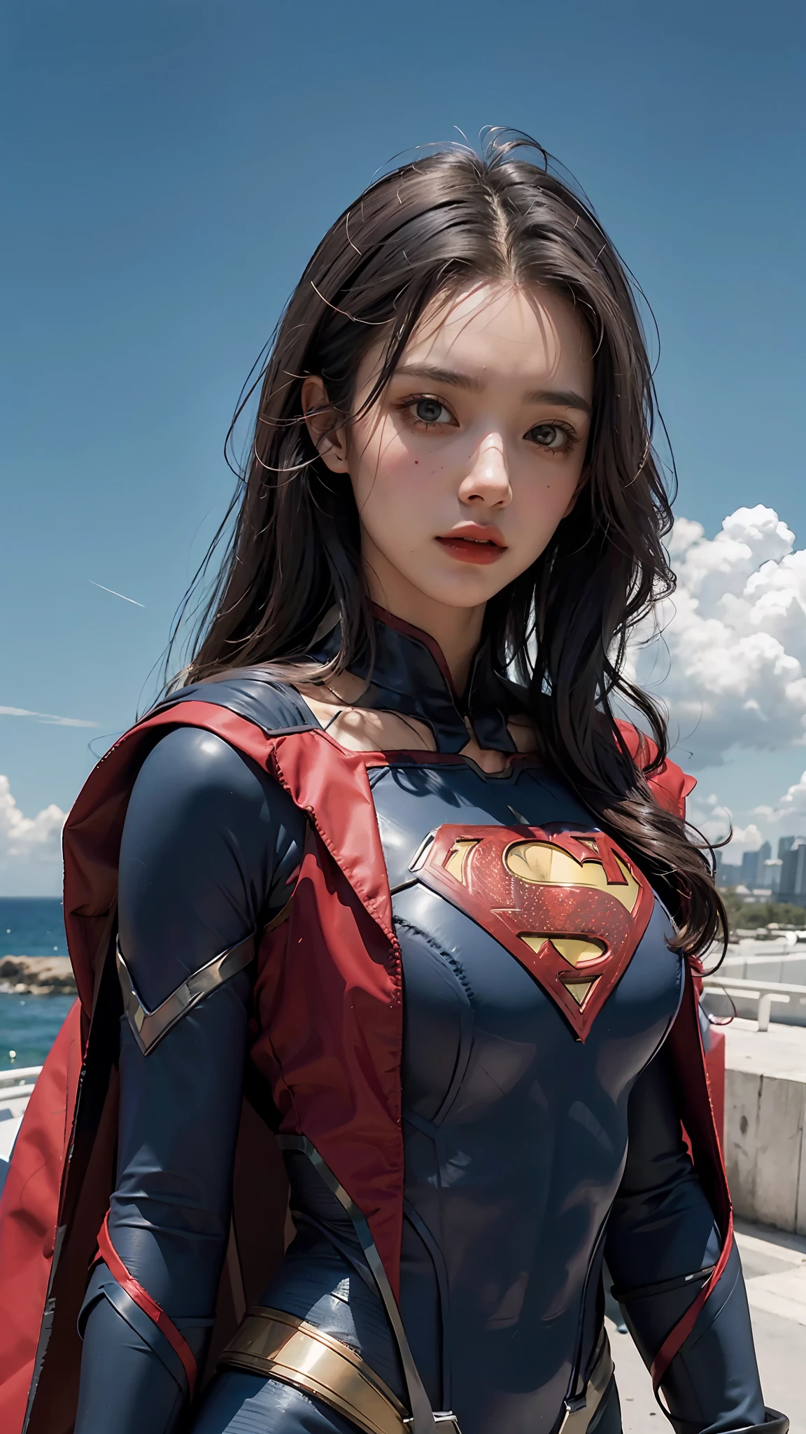 Woman wearing detailed SuperMan costume with full sleeves covering the entire body, serious face, (flying in sky), vivid colors, dramatic lighting, red cape, cinematic costume, carbon fiber detailed suit,