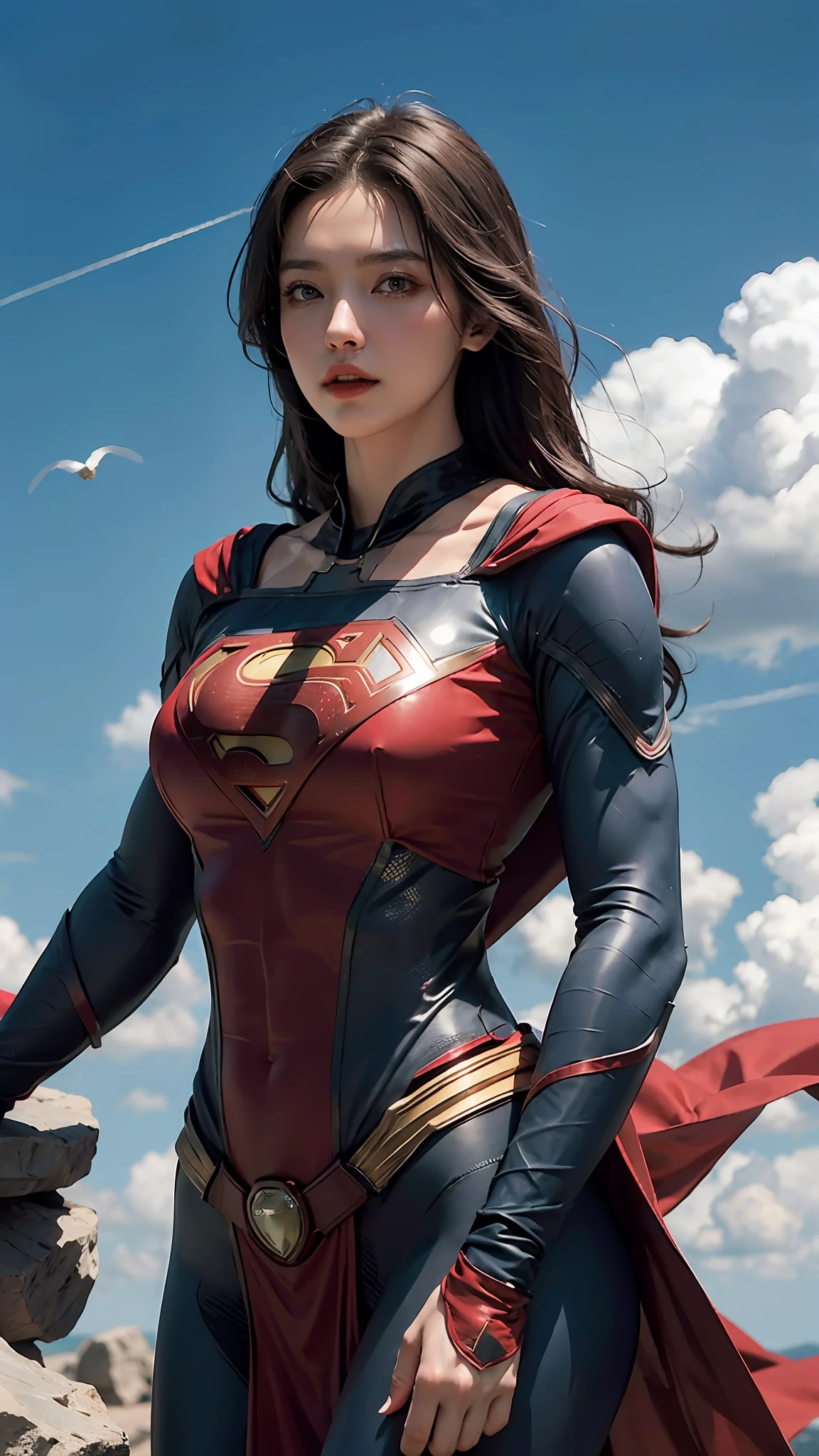 Woman wearing detailed SuperMan costume with full sleeves covering the entire body, serious face, (flying in sky), vivid colors, dramatic lighting, red cape, cinematic costume, carbon fiber detailed suit,