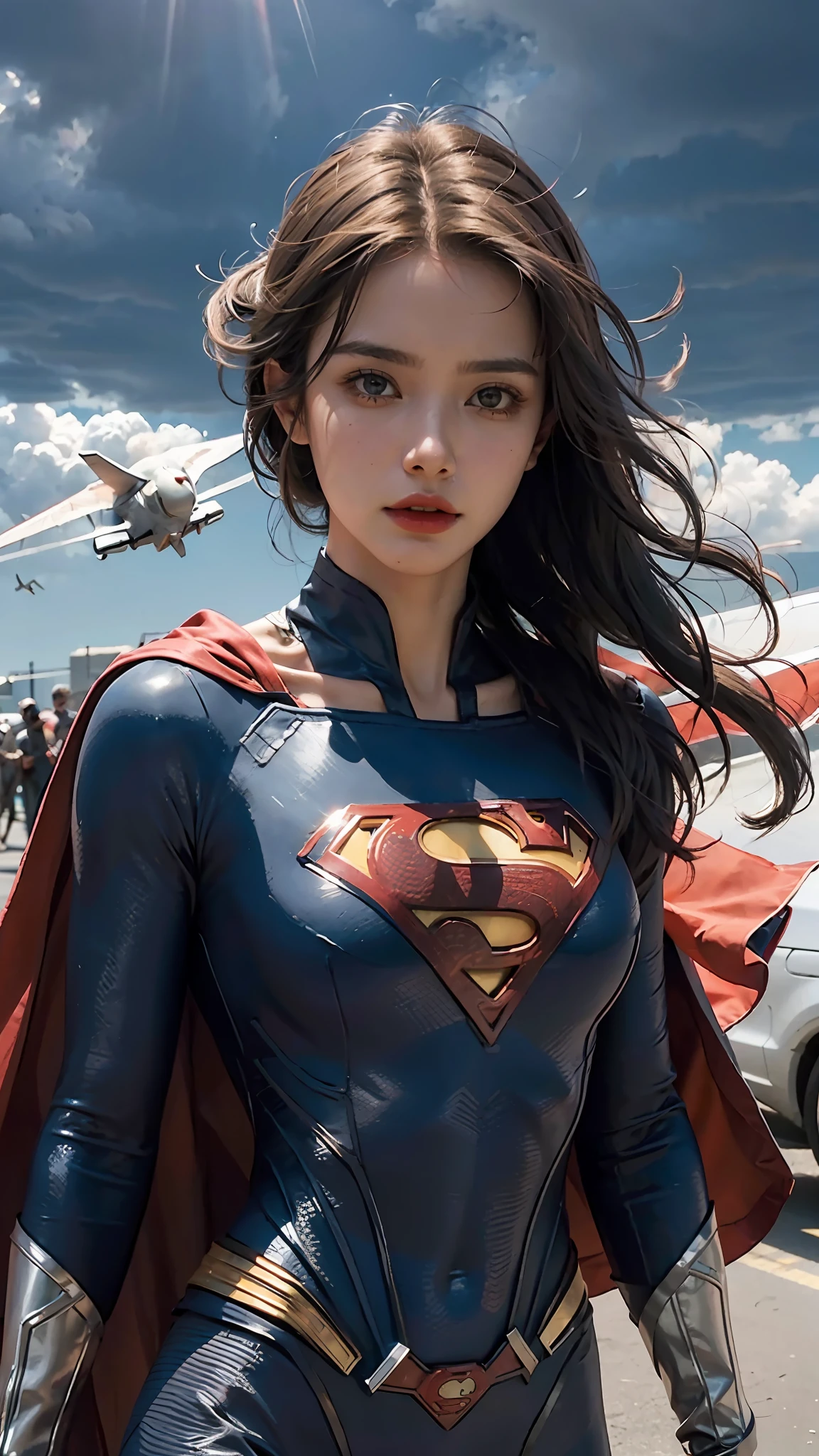 Woman wearing detailed SuperMan costume with full sleeves covering the entire body, serious face, (flying in sky), vivid colors, dramatic lighting, red cape, cinematic costume, carbon fiber detailed suit,