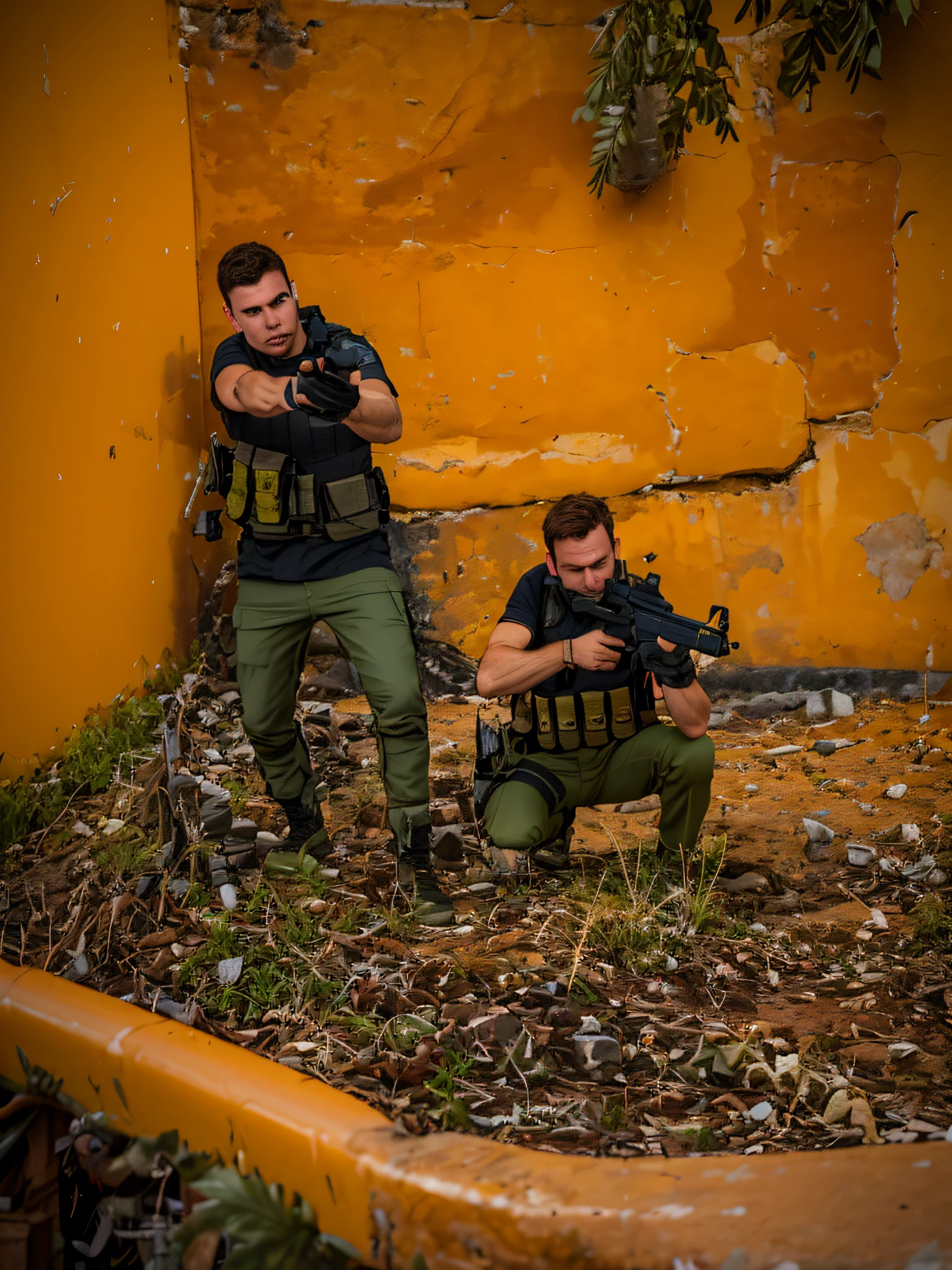 there are two men that are taking pictures of a man, action photo, airsoft cqb, airsoft close quarter combat, shooting pose, battle action pose, action pose, fotografia, shooting, action scene, an escalating violent firefight, mexican standoff, action fight, they are crouching, in an action pose, by Ramón Silva, professional shooting, professional foto