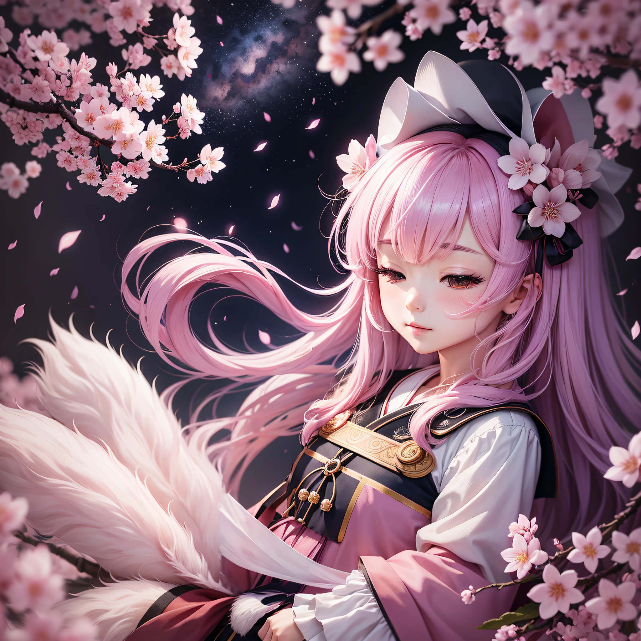 Cherry blossoms and night sky Cherry blossom petals dance and fantastic Sacred world Mystery Hands