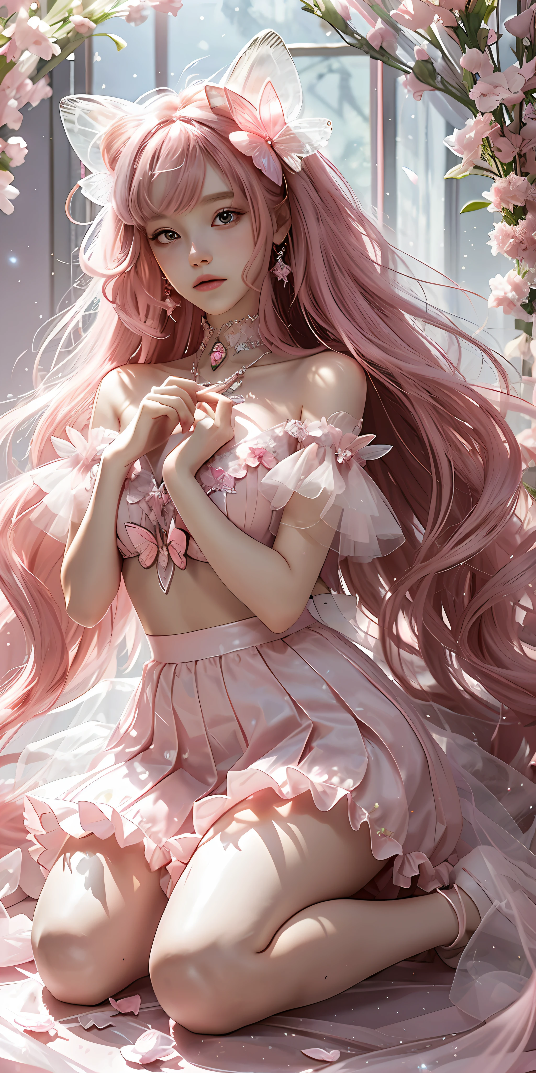 Maiden (pink butterfly surrounds girl), slim figure, pink wide puffy tulle long skirt, wide skirt (skirt decorated with tulle ribbon, hanging white and pink crystal chain), long orange hair, butterfly hair ornaments, flowing, beautiful, smooth, shiny accessories (will glow, will glow, sparkle), complex dream background (delicate complex pattern), flowing hair, medium chest, shining, shining stars, glowing pink butterfly, fluorescent butterfly, kneeling