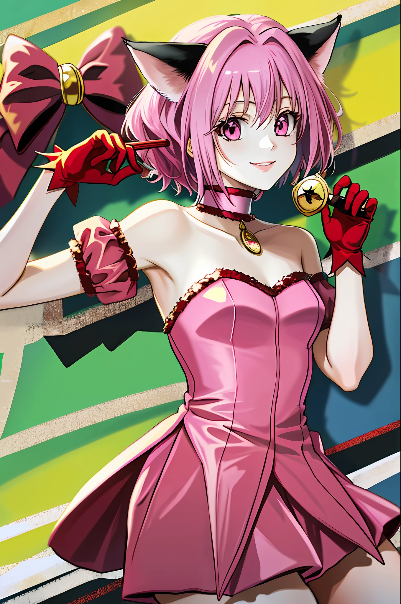 masterpiece, best quality, highres, mi1, tail ornament, tail bow, gloves, cat tail, red gloves, tail bell, choker, detached sleeves, magical girl, pink dress, strapless, cowboy shot, hand on hip, smile,