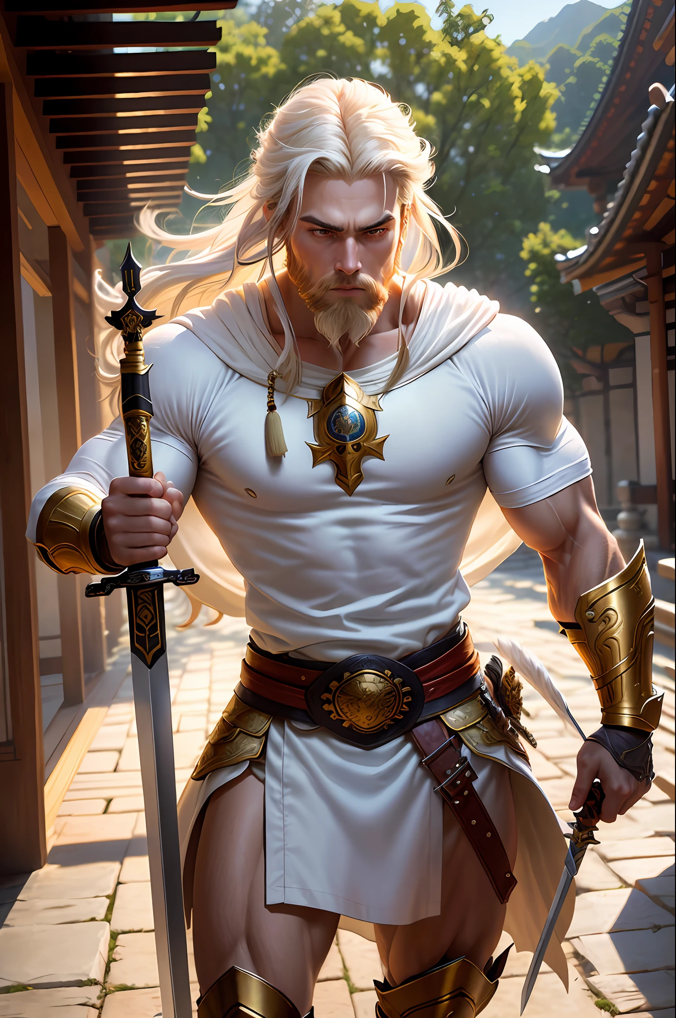 masterpiece, high quality, solo focus, (perfect face: 1.1), (high detail: 1.1), (dramatic, 1.5), (long white hair: 1.3) action photo, strong, 1 muscular man, dressed in imperial prince clothes and golden armor: 1.3, gold jewelry: 1.3, platinum samurai hair: 1.3, holding long sword 1.2), (in a temple, during the day, bright light: 1.3), young man, messy hair, battle stance, hyper-detailed, digital art, studio quality, smooth rendering, unrealistic rendering of 5 engine, octane rendering, 8K, european man with viking features, white cape, bearded, long beard