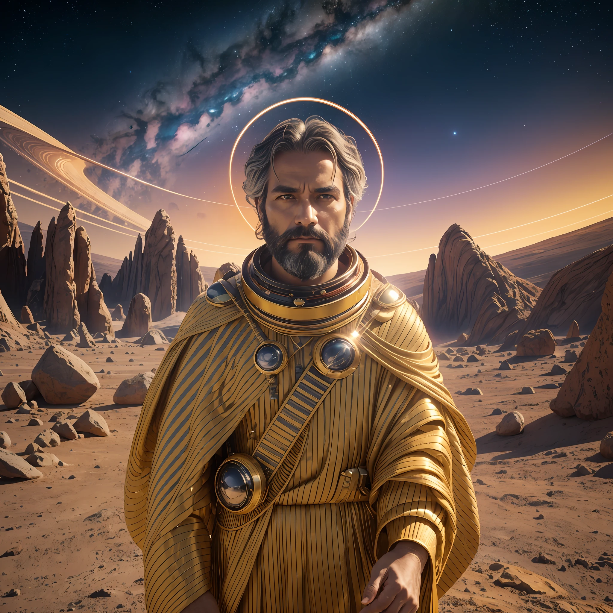 A Man standing in Saturn planet ,Fair with a hint of golden warmth, like the setting sun skin , Mesmerizing and piercing, resembling the rings of Saturn , Light yellow and wavy, cascading around the face hair , Striking and distinguished, with an aura of power and authority ,standing inside Saturn planet, Same face as personality Saturn planet, Close Potrait, 8k, looking at screen, Milky way sky, cinematic, cannon 6d, octane render,