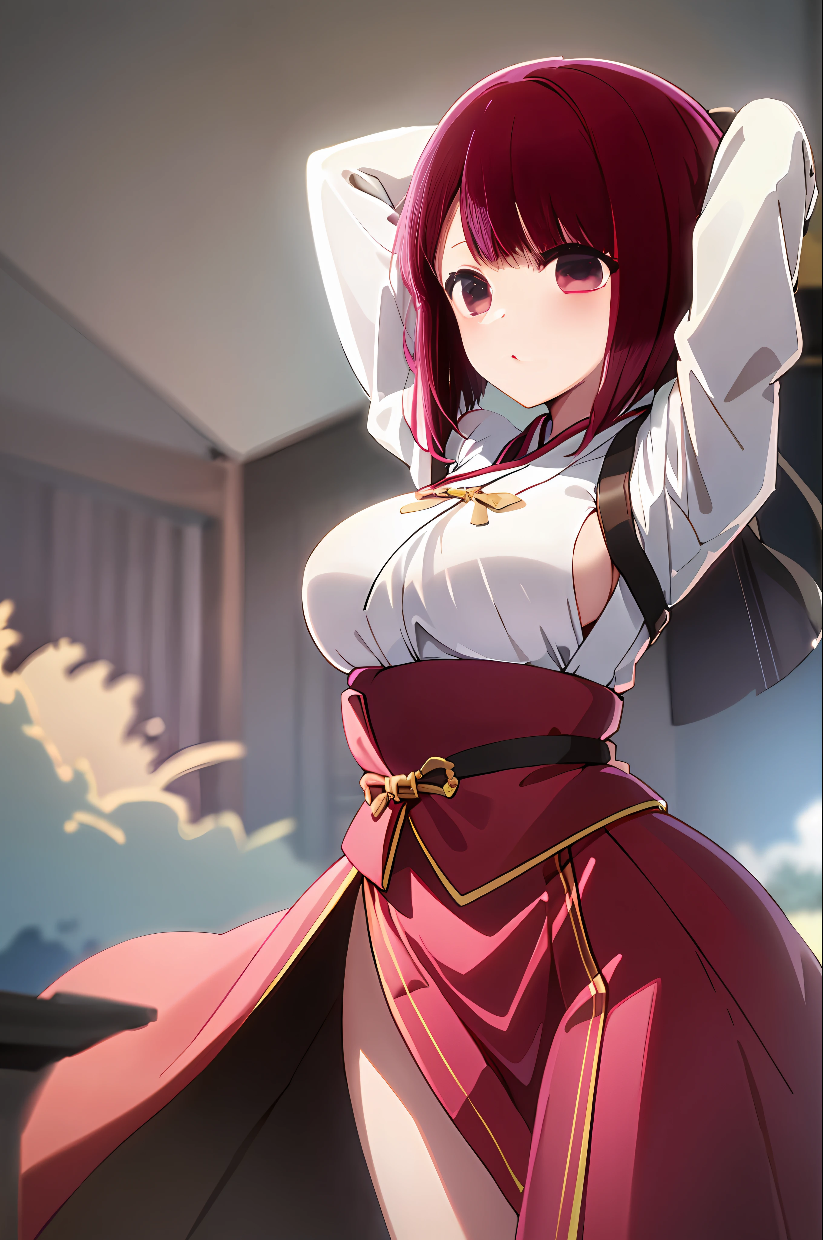 1girl, hanbok, medium breasts, arms up, underboob:0.6, high skirt,