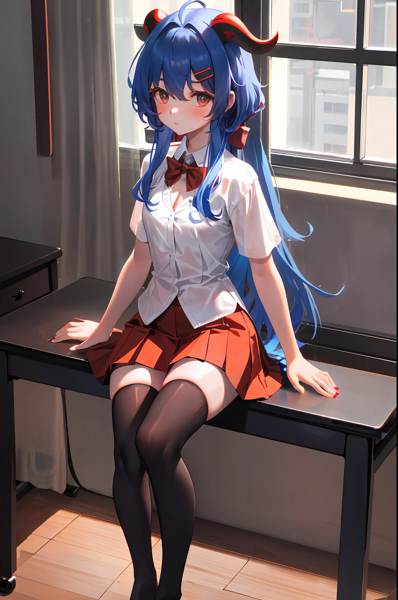 Ganyu, kid version, kid, loli, 1girl, solo, ((white shirt)), black thighhighs, flat chest, cleavage, school uniform, classroom, Red skirt, brown logo on chest,(red pleated skirt), school, hair between eyes, cute hair clip, small breasts, long hair, looking at viewer, blue hair, blue short nails, solo, thighhighs, thighs, long hair, ((masterpiece)), sitting, chair, desk, window, indoor, horn, blush, sexy pose, indonesian kid school uniform SD, ((red skirt)), red nectie, ((horn)), short sleeve,