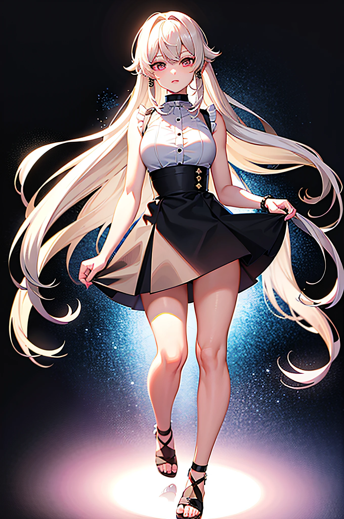 Top quality, super high resolution, one girl, sleeveless white button shirt, black skirt, black choker, cute, (Kpop Idol), (charming monkey: 1), (platinum blonde hair: 1), (puffy eyes)), looking observer side, facing forward (full body toes)