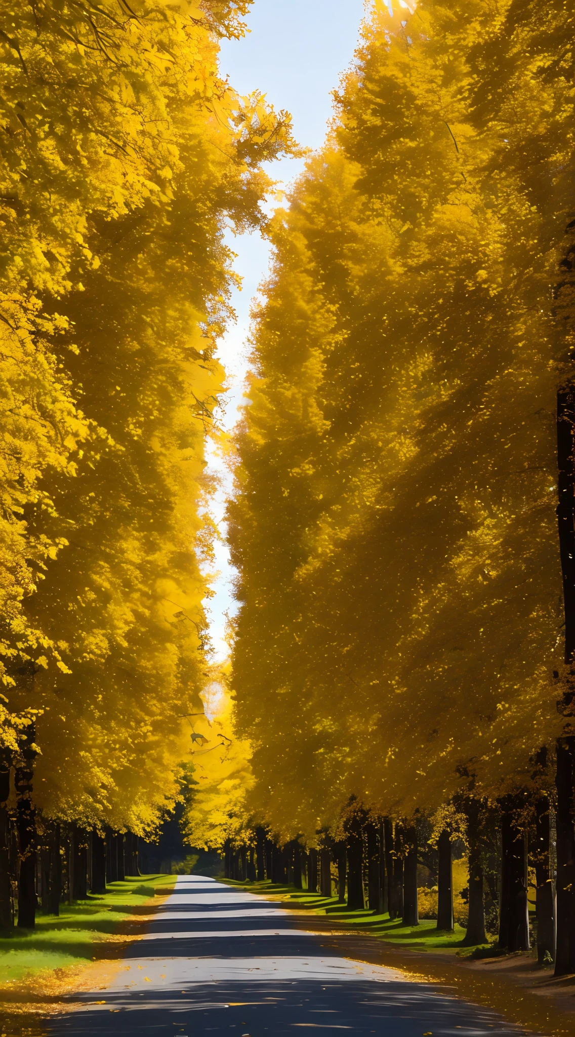 On an autumn road, the plane trees on both sides are covered with yellow leaves