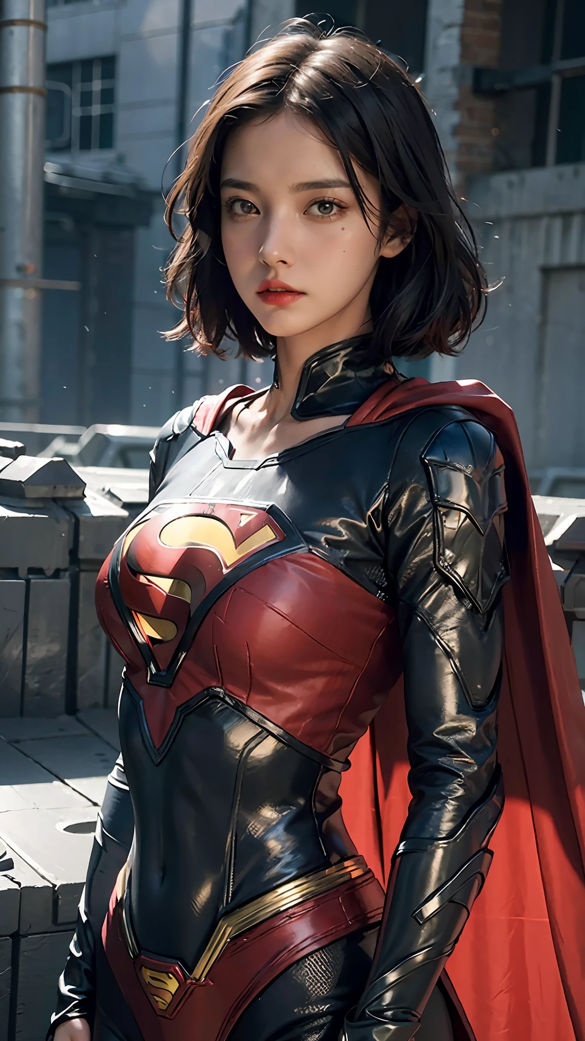 Woman wearing detailed SuperMan costume with full sleeves covering the entire body, short black hair, serious face, (flying in sky), vivid colors, dramatic lighting, red cape, cinematic costume, carbon fiber detailed suit,