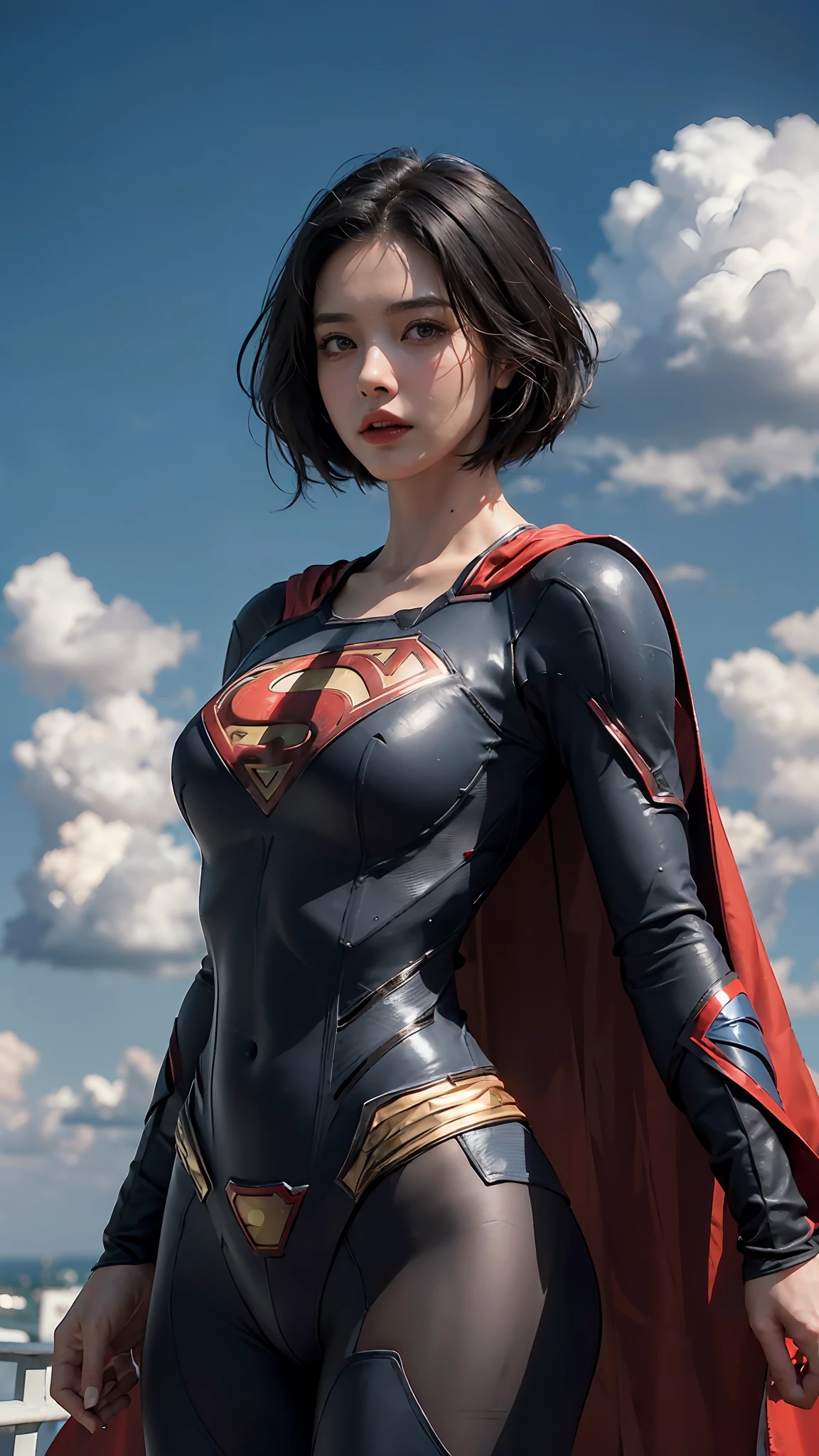 Woman wearing detailed SuperMan costume with full sleeves covering the entire body, short black hair, serious face, (flying in sky), vivid colors, dramatic lighting, red cape, cinematic costume, carbon fiber detailed suit,