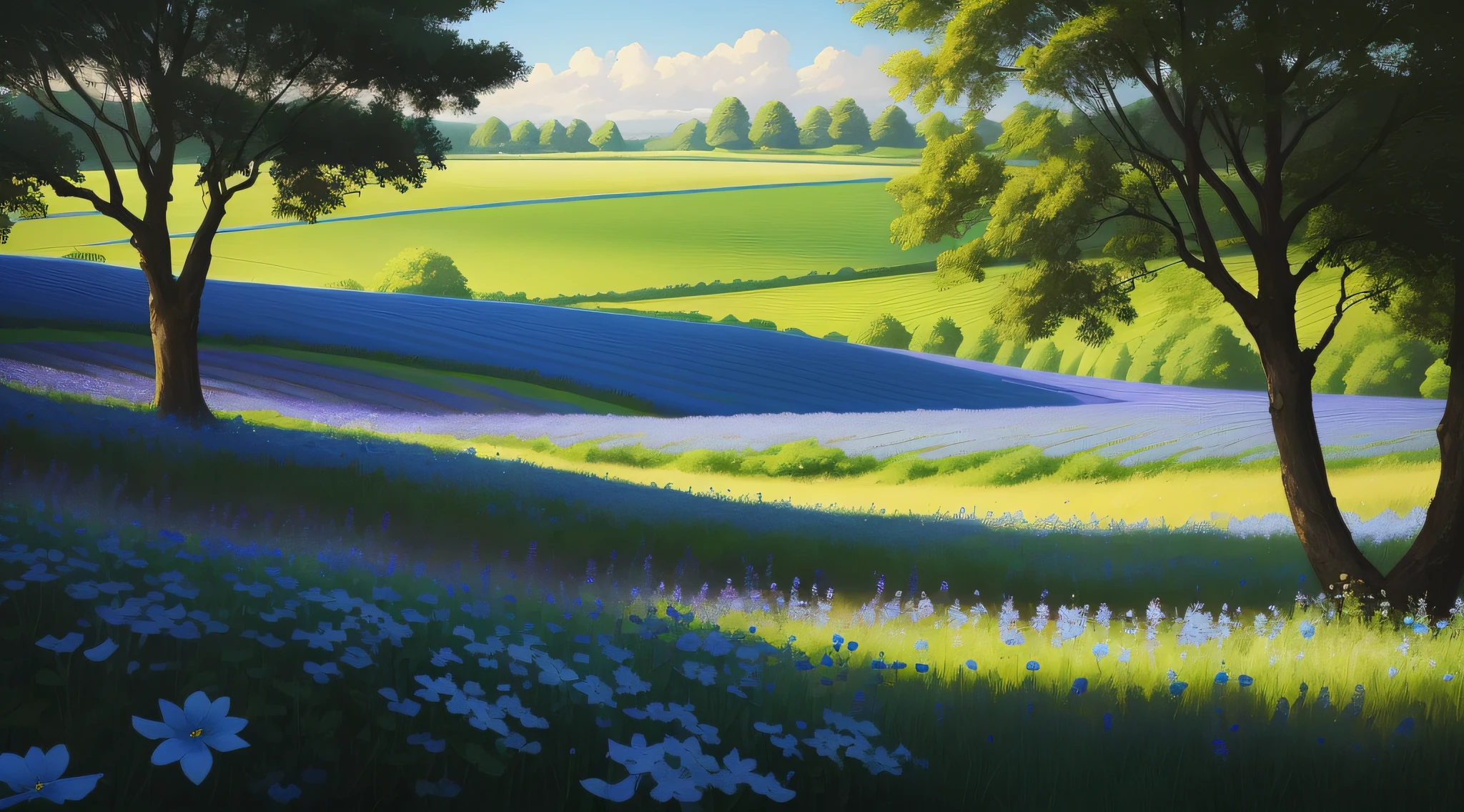 Blue flowers blooming in the countryside fields, meadows, a few trees in the distance, dappled light and shadow, beautiful, masterpiece