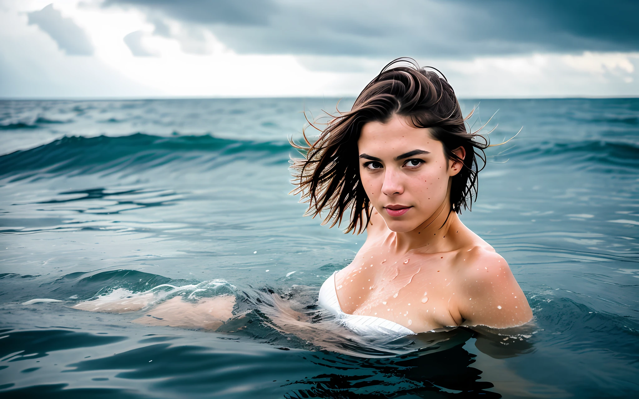 analog style, RAW photo, photography, hyper photorealistic, sharp focus, amateur photo of woman swim in middle of the sea, (half body inside water:1.3), wet, day time, clear cloudy sky, an island far in background, soft natural raw lighting, highly detailed, best quality, ultra detailed, extremely detailed, taken from mobile camera, f/22, deep depth of field, grain, noise, flashlight, (long shot:1.2)