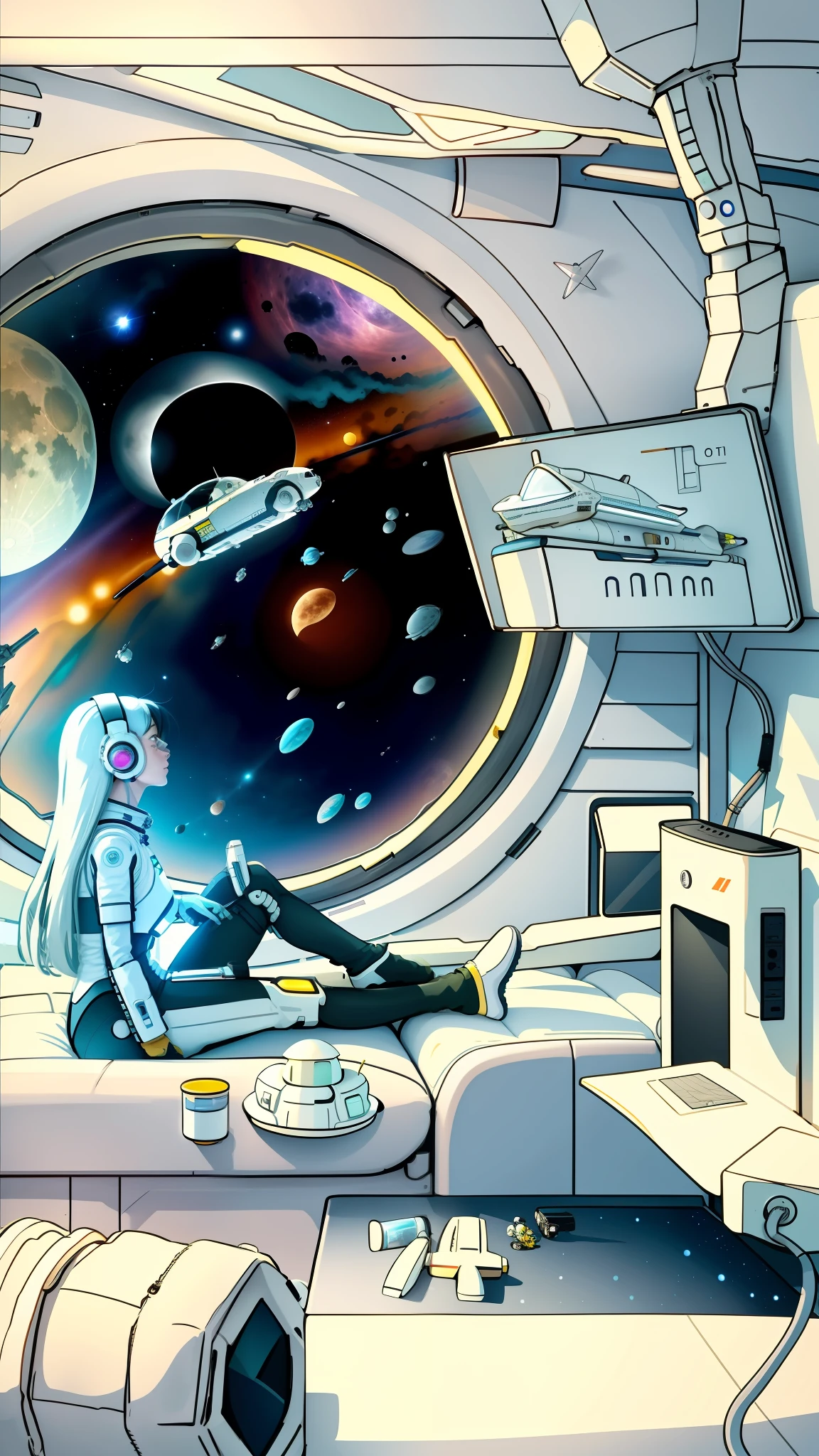 Outside the window is a yellow moon, there is a car on the moon, a woman watching TV on the space station, cartoon drawings, inside the TV is  Square, science fiction illustration, coloring book pages, spaceship in the background, girl in space, art of publishing, on the space station, perfect line art, spaceship in the background, sitting in a spaceship, astronauts relaxing in space, heavy line art, gas station in space