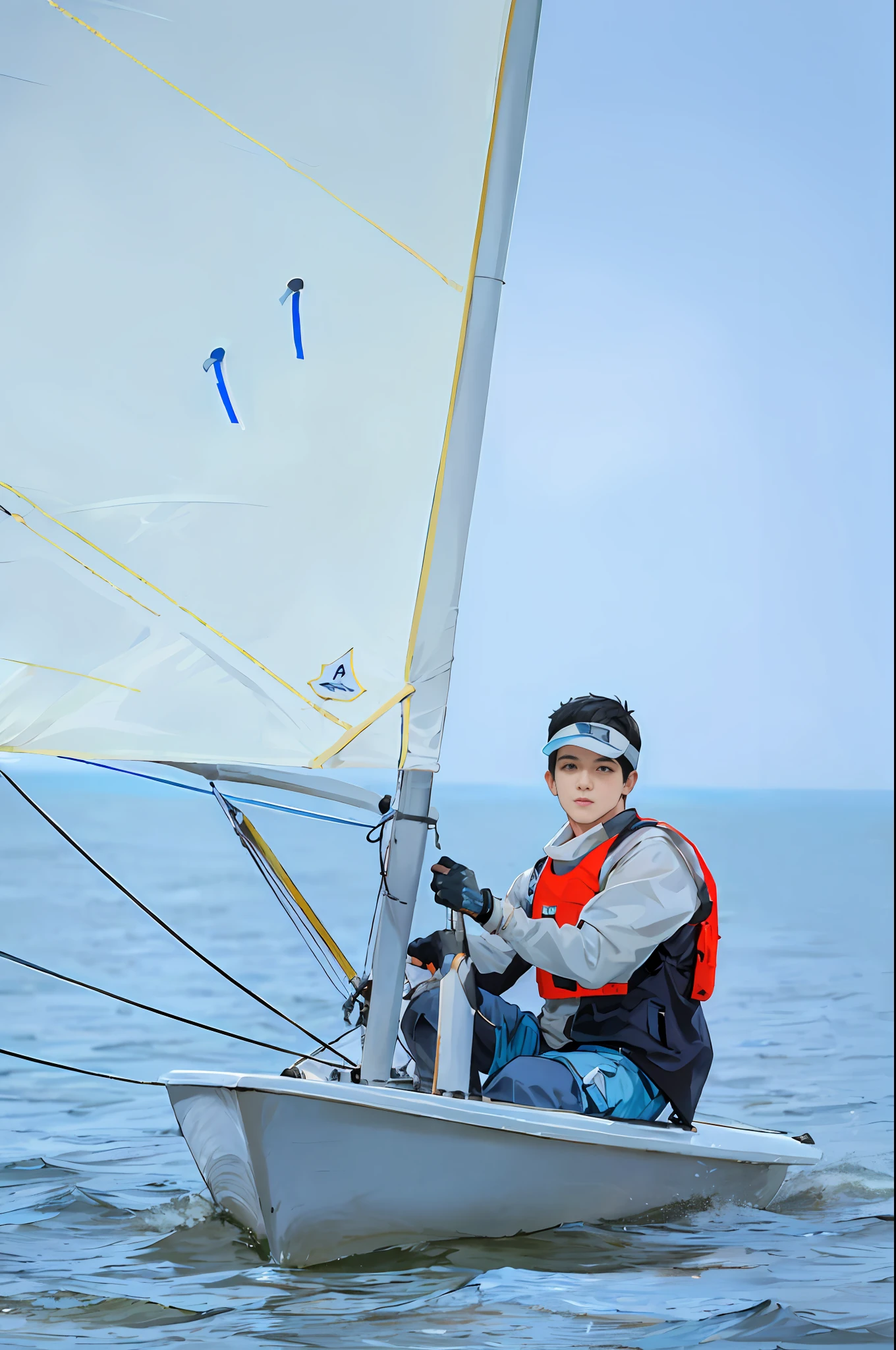 1boy,solo,outdoors,White cloud,blue_sky,water,ocean,White sail,watercraft,boat,male focus,short hair,black hair,sitting,visor_cap,jacket,vest,long sleeves,gloves,hat,shorts,pants,fingerless gloves,black gloves,blue pants,blue shorts,