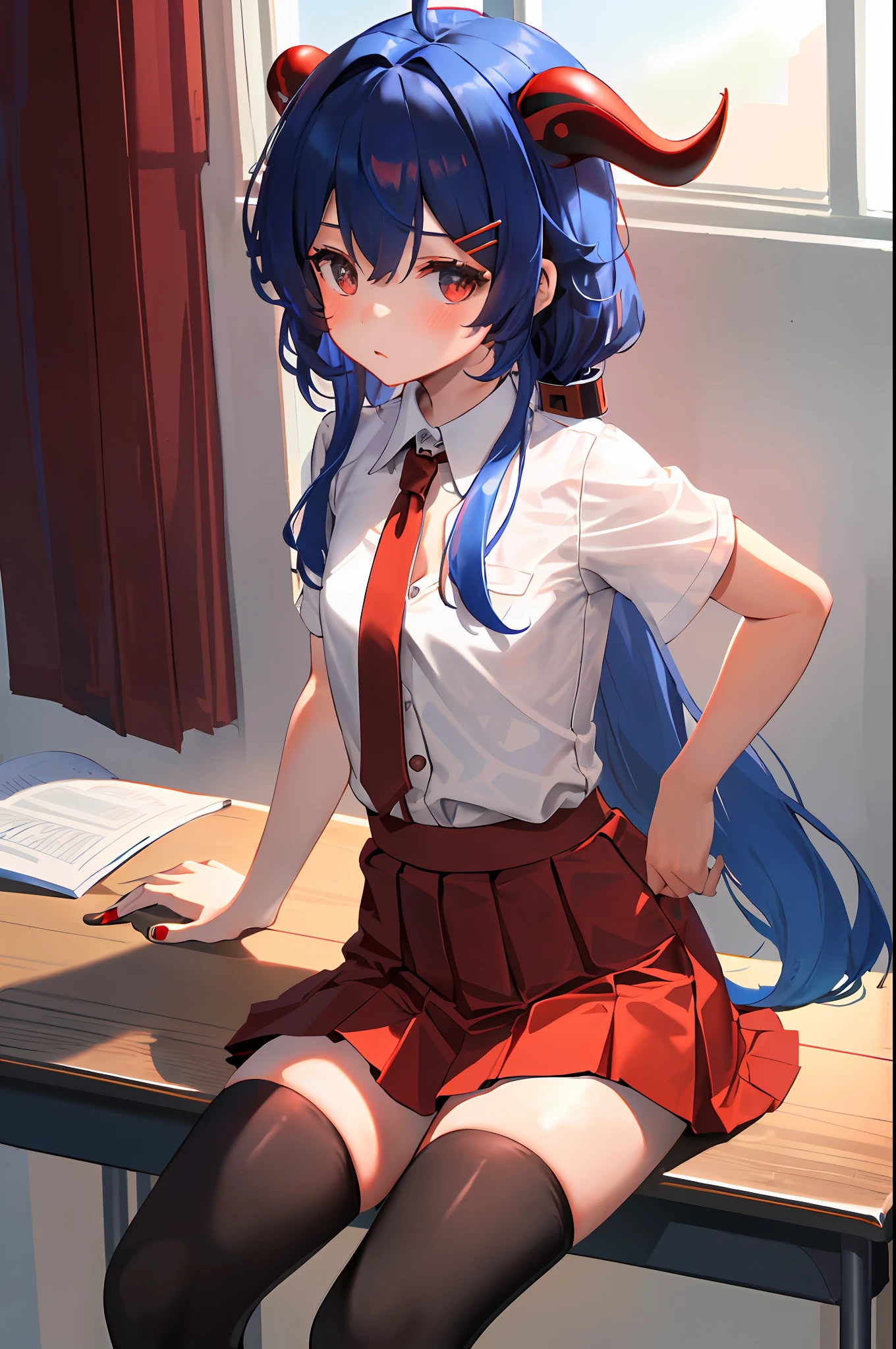 Ganyu, ??? version, ???, loli, 1girl, solo, ((white shirt)), black thighhighs, flat chest, cleavage, school uniform, classroom, Red skirt, brown logo on chest,(red pleated skirt), school, hair between eyes, cute hair clip, small breasts, long hair, looking at viewer, blue hair, blue short nails, solo, thighhighs, thighs, long hair, ((masterpiece)), sitting, chair, desk, window, indoor, horn, blush, sexy pose, indonesian ??? school uniform SD, ((red skirt)), red nectie, ((horn)), short sleeve,